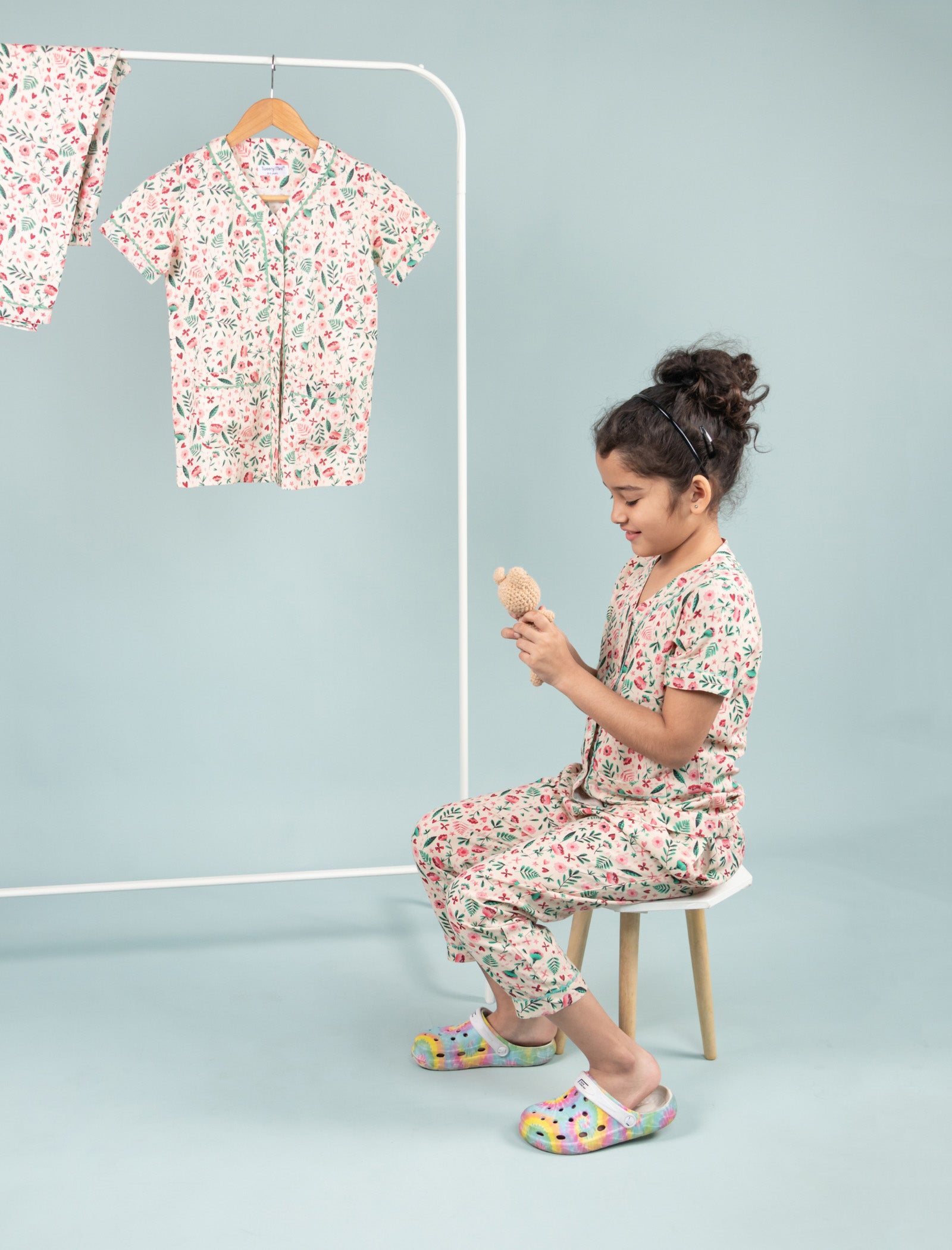 Pure Rayon Floral Printed Night Dress for Girls Kids with Pyjama Set (Half Sleeve, Beige) - Tweeny Mini