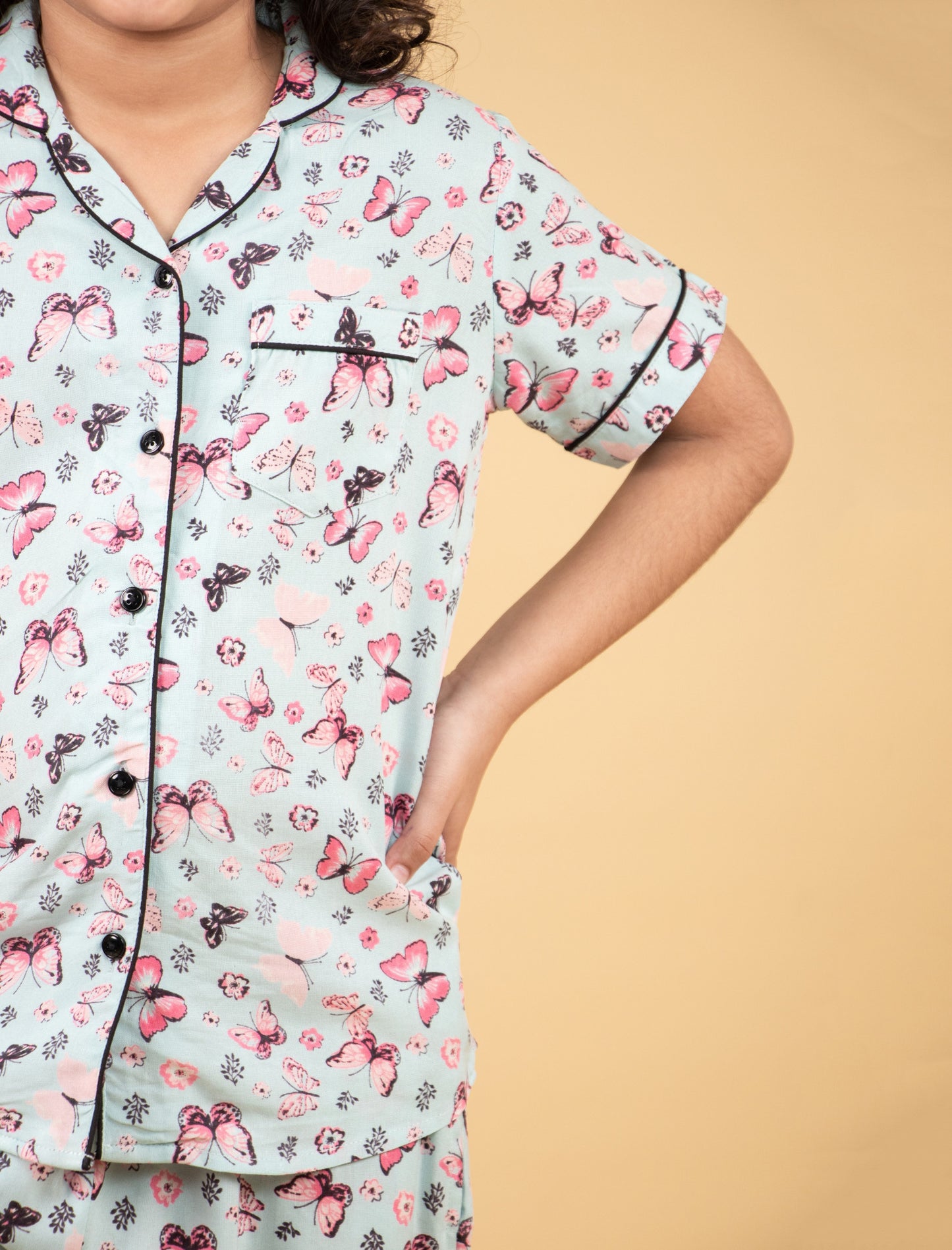 Pure Rayon Butterfly Printed Night Suits for Girls Kids (Blue) - Tweeny Mini