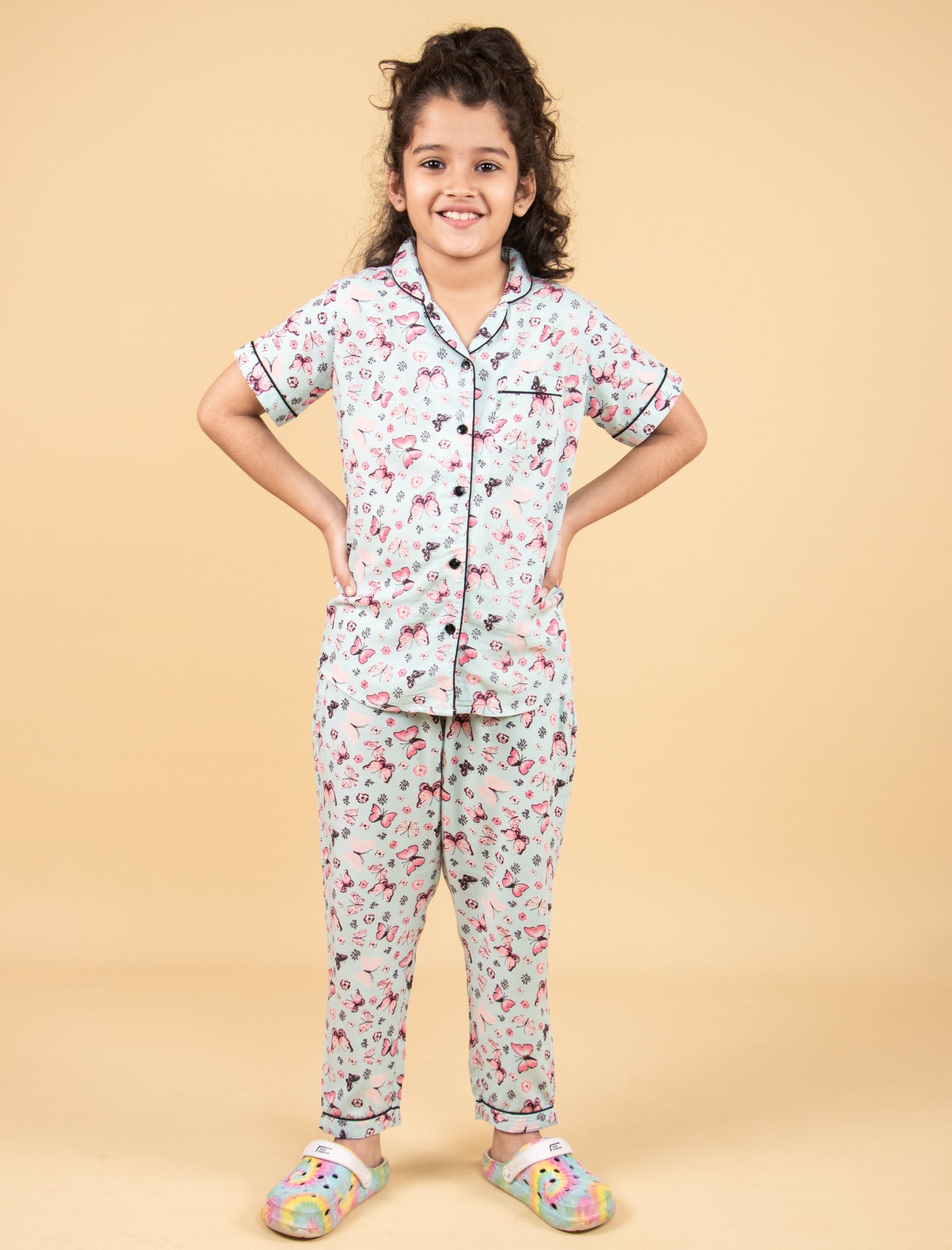 Pure Rayon Butterfly Printed Night Suits for Girls Kids (Blue) - Tweeny Mini