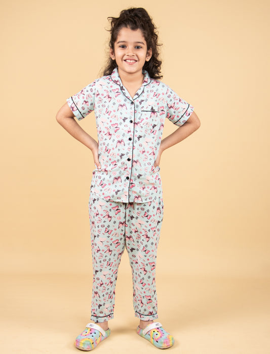Pure Rayon Butterfly Printed Night Suits for Girls Kids (Blue) - Tweeny Mini