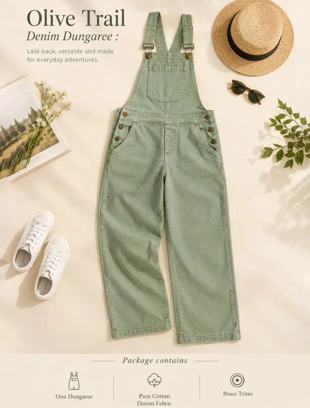 Girls Kids Straight Fit denim Dungarees - Olive Green