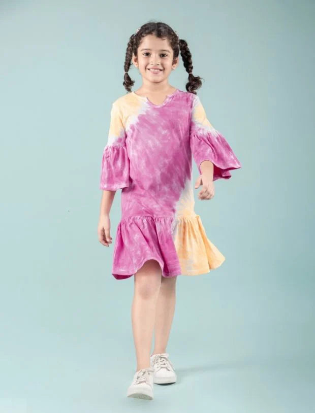 Long Sleeves Girls Kids Tie Dye Dress (Orange-Pink)