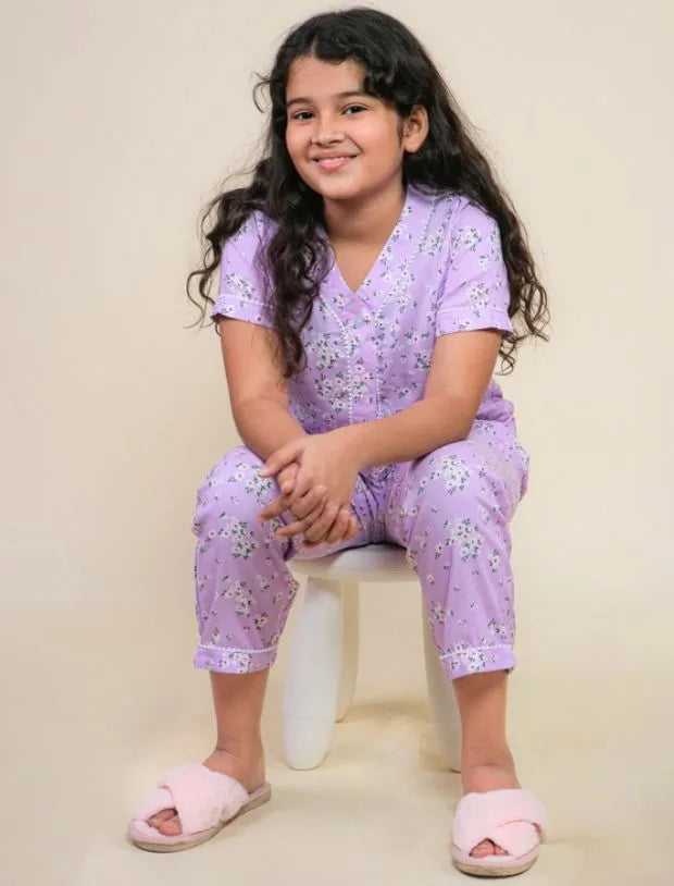 Lavender Floral Rayon Night Suit for Girls