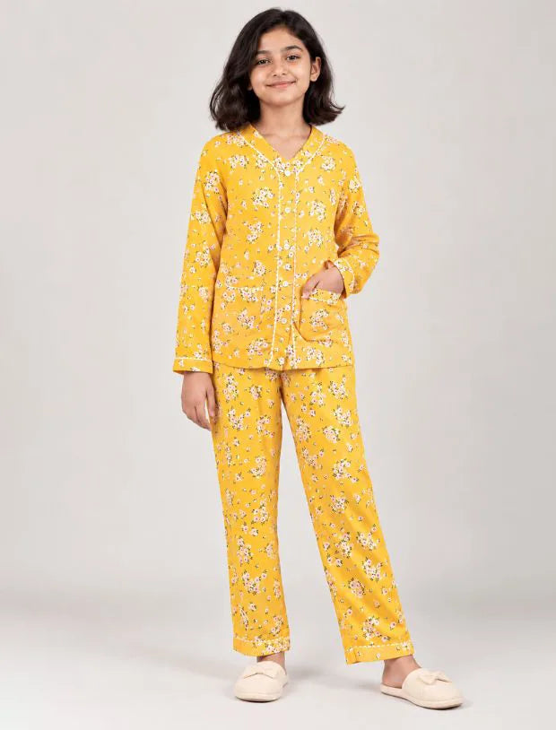 Pure Rayon Girls Kids Floral Night Dress (Full Sleeves, Yellow)