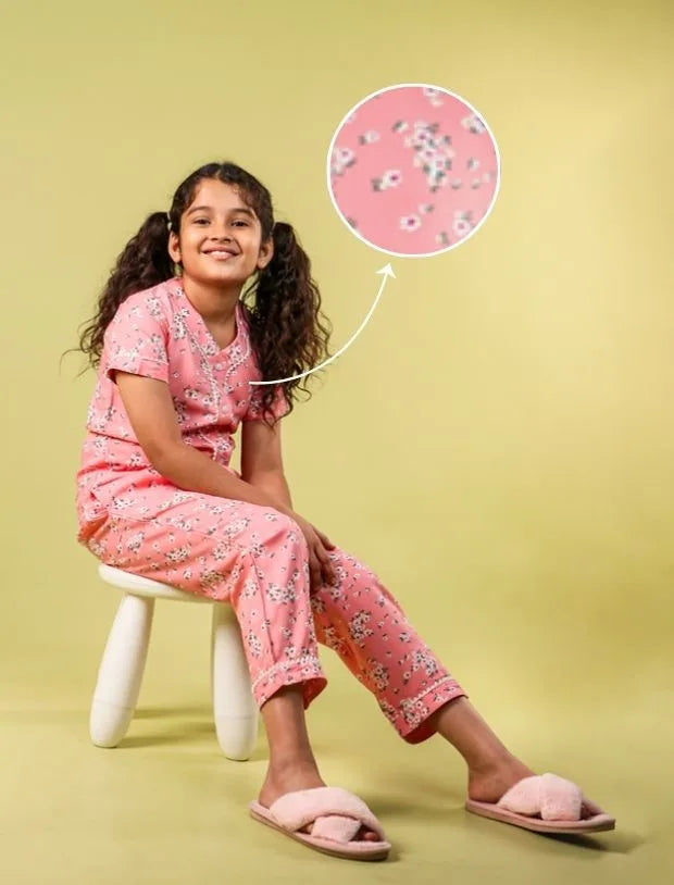 Summer Floral Girls Night Suit for Kids (Half Sleeve, Peach)