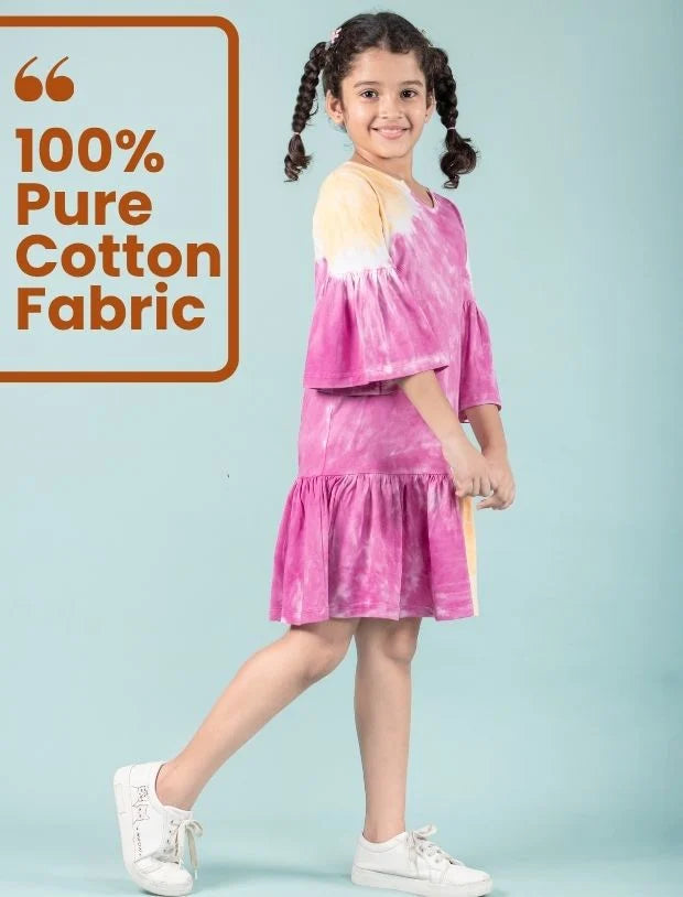 Long Sleeves Girls Kids Tie Dye Dress (Orange-Pink)