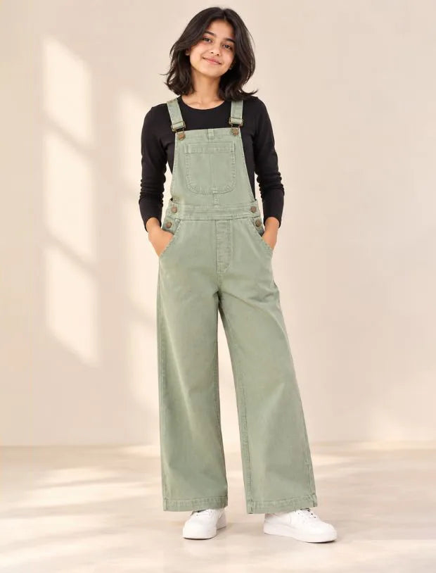 Girls Kids Straight Fit denim Dungarees - Olive Green