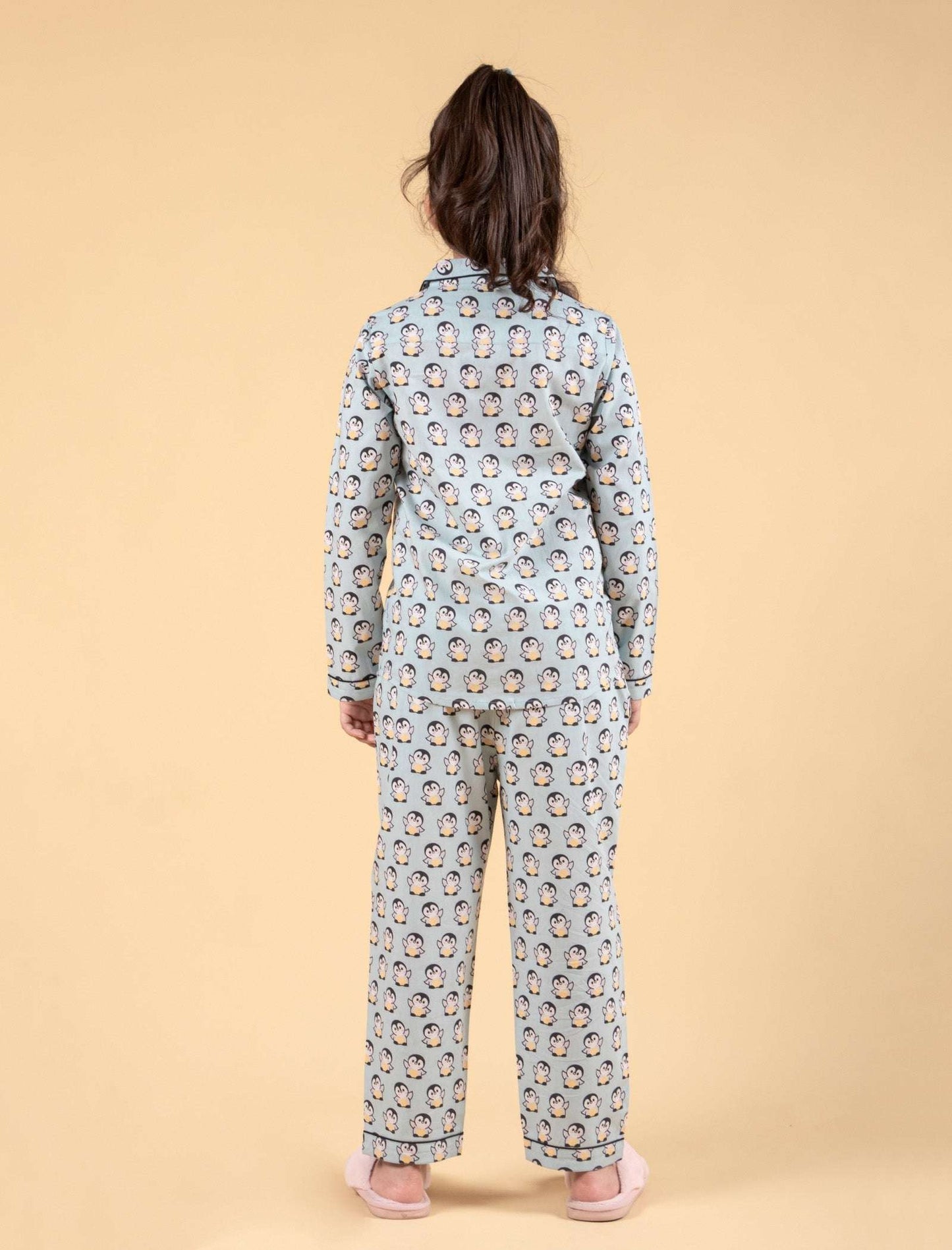 Penguin Printed Cotton Sleepwear For Girls Kids Pyjama Set (Full Sleeves, Blue) - Tweeny Mini