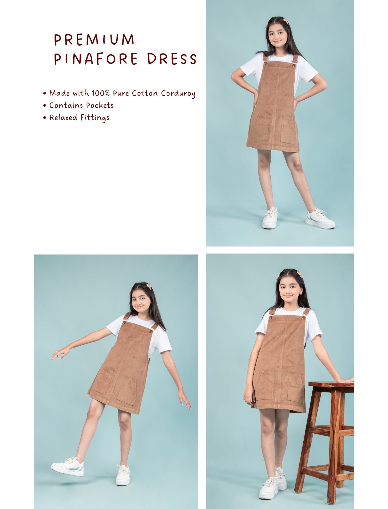 Girls Kids Classic Corduroy Pinafore Dress (Beige) - Tweeny Mini