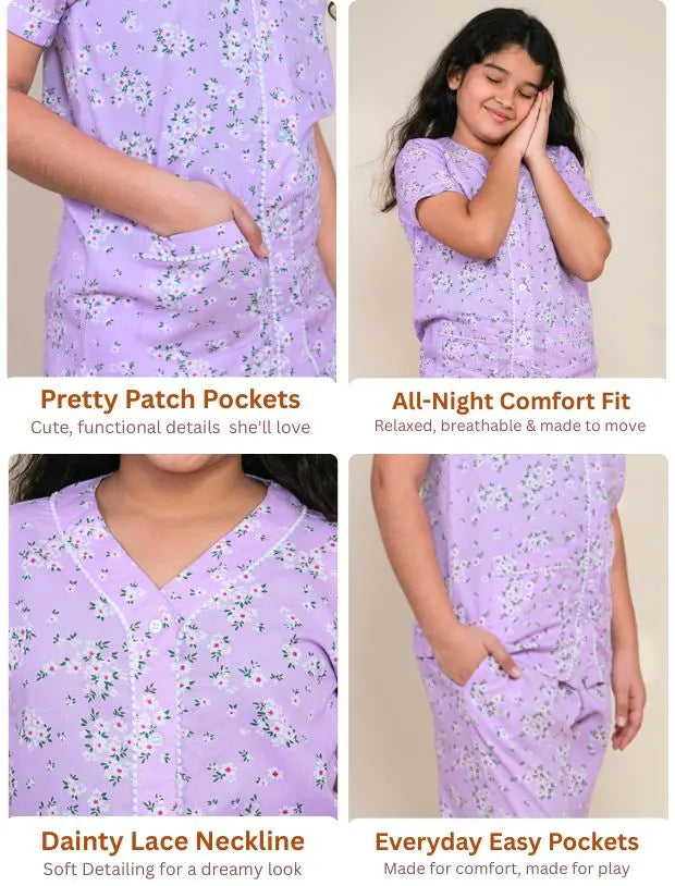 Lavender Floral Rayon Night Suit for Girls