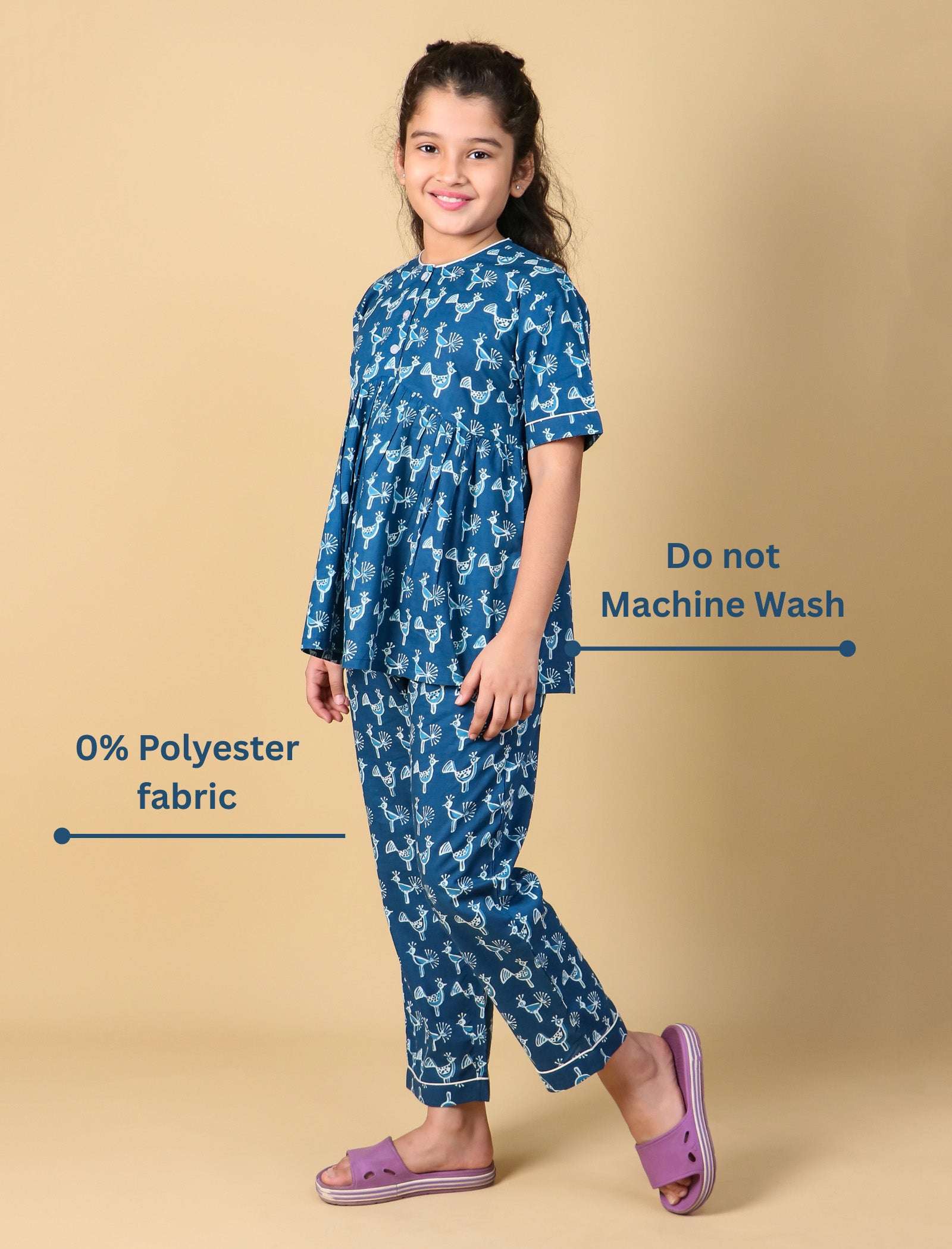 Peacock Print Night Suit for Kids Girls (Indigo Blue) - Tweeny Mini
