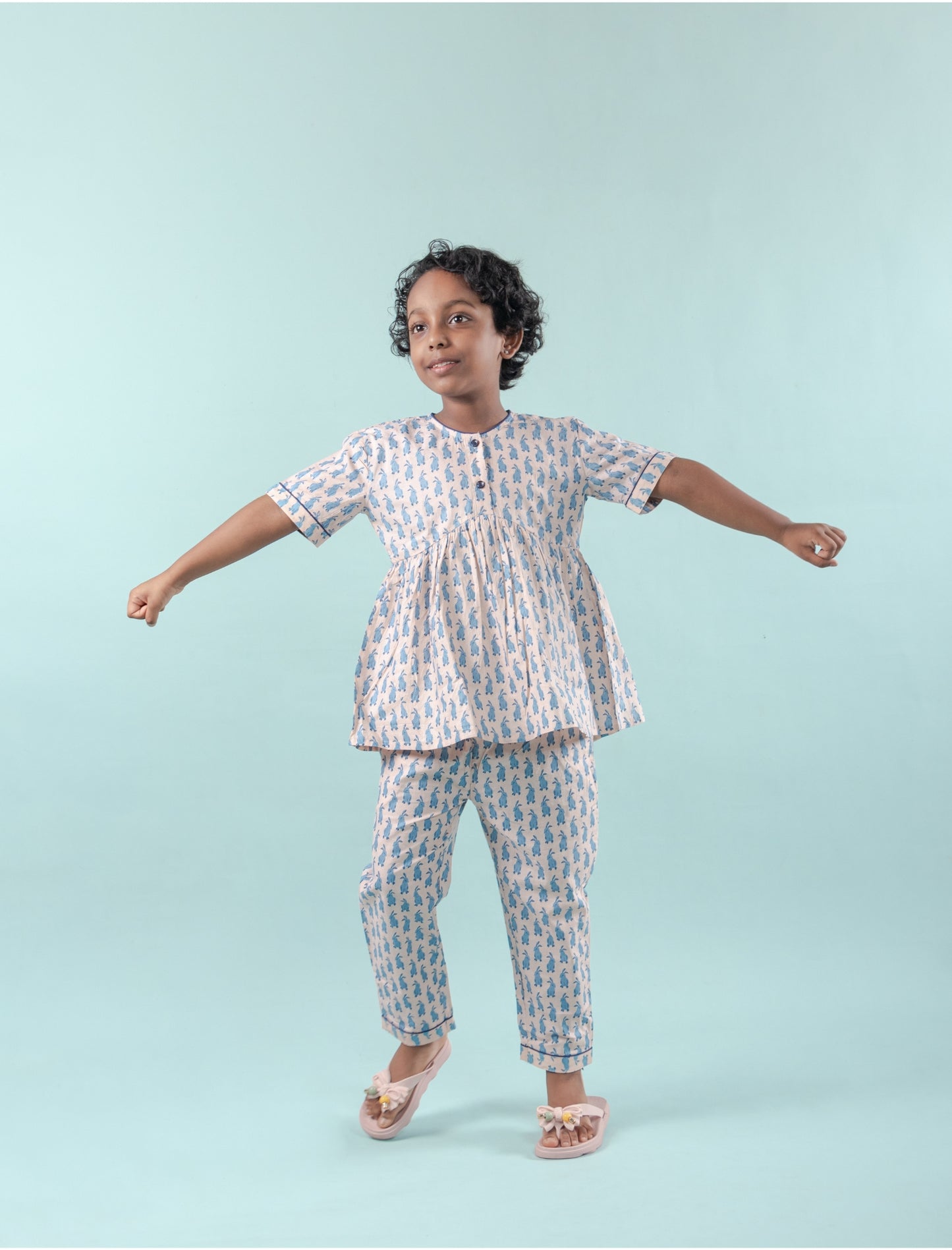 Cute Bunny Printed Night Dress for Girls Kids (Light Blue) - Tweeny Mini