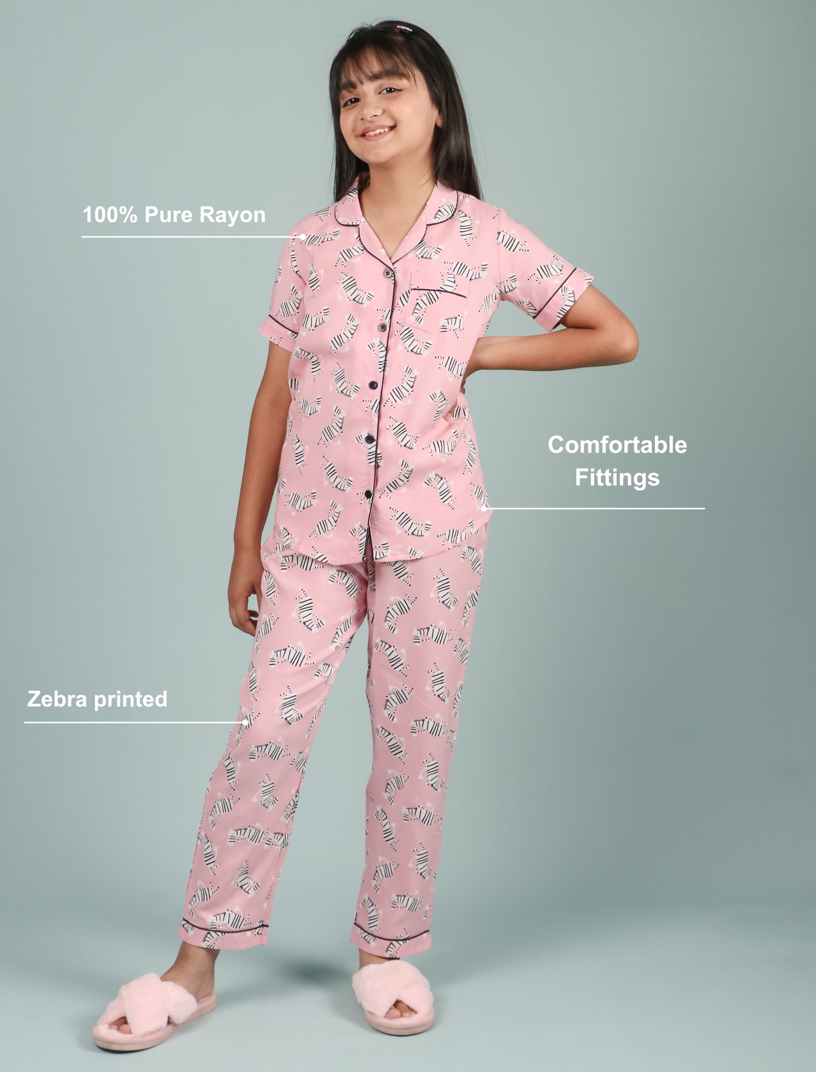 Pure Rayon Zebra Printed Kids Girls Nightwear Pajama Set (Half Sleeves, Pink) - Tweeny Mini