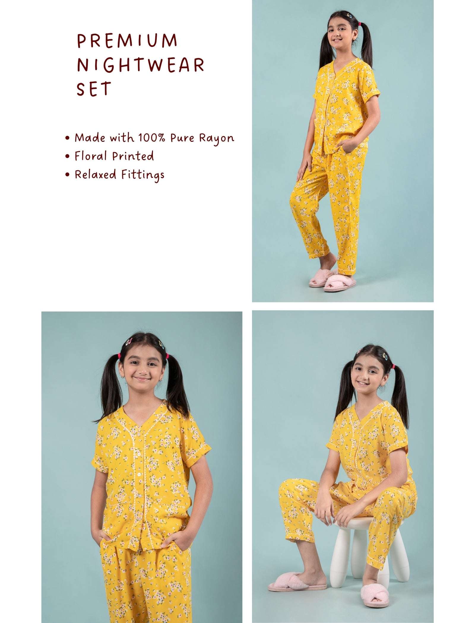 Pure Rayon Floral Nightwear for Girls Kids (Half Sleeve, Yellow) - Tweeny Mini