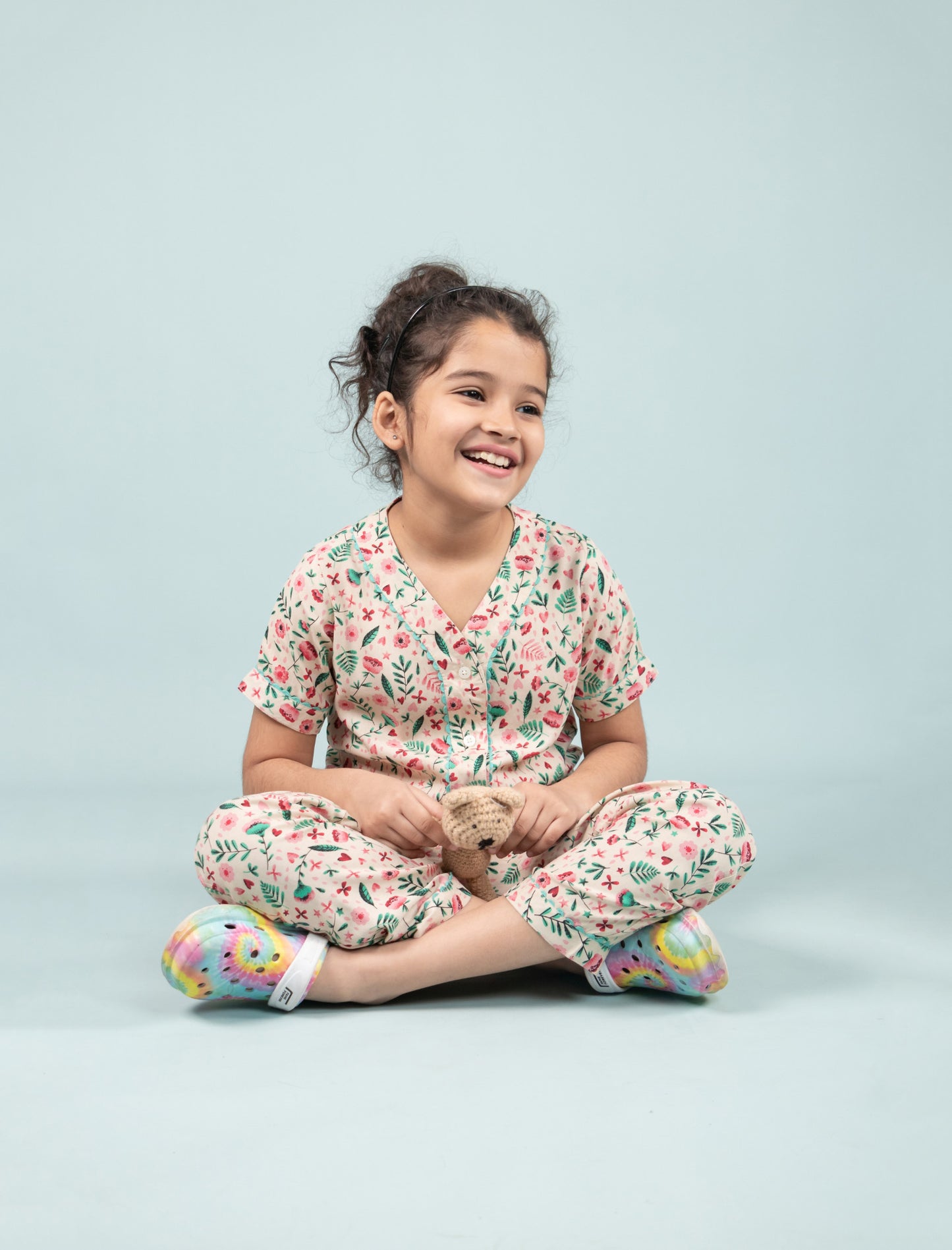 Pure Rayon Floral Printed Night Dress for Girls Kids with Pyjama Set (Half Sleeve, Beige) - Tweeny Mini