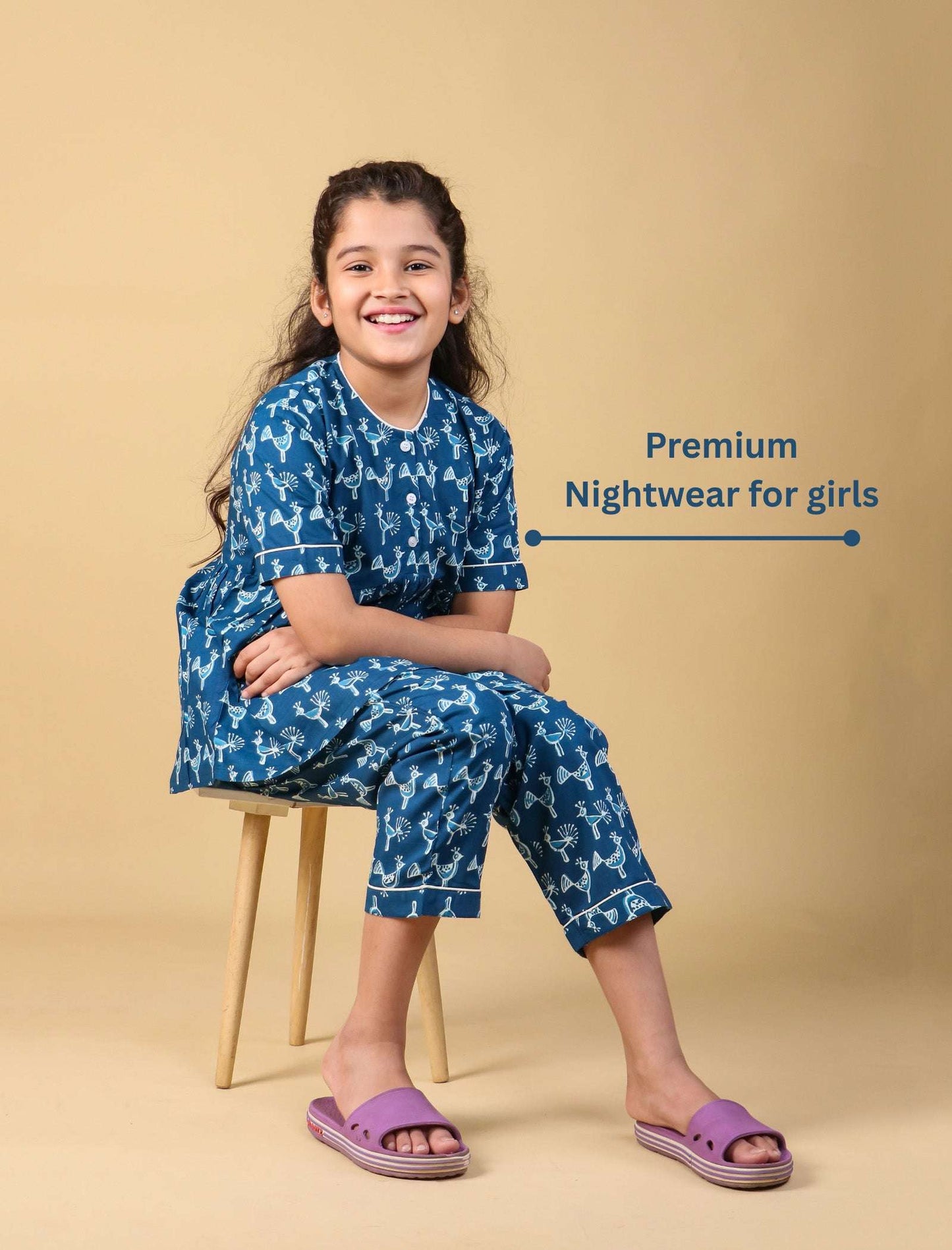 Peacock Print Night Suit for Kids Girls (Indigo Blue) - Tweeny Mini