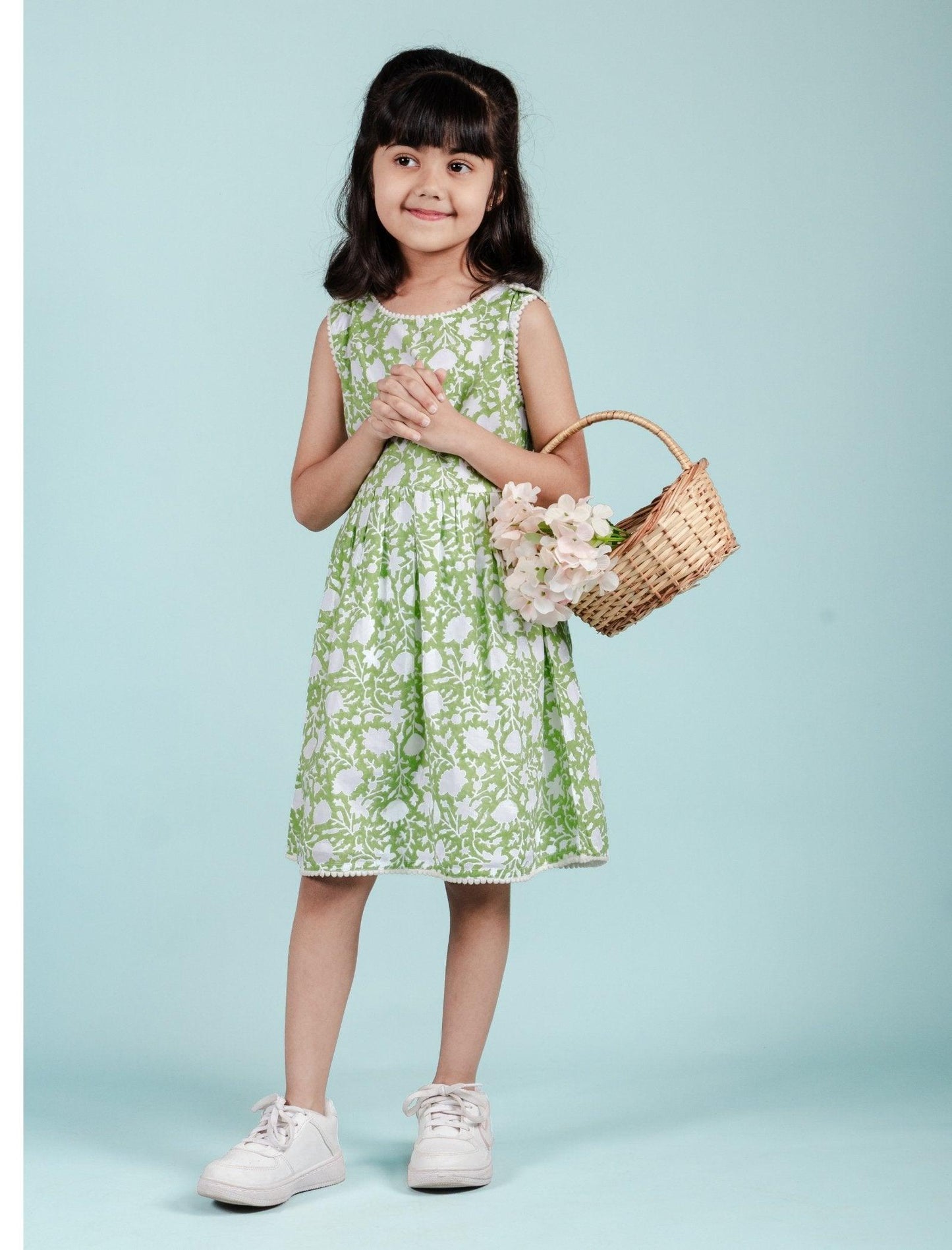 Hand Block Floral Printed Cotton Frock for Kids Girls (Green) - Tweeny Mini