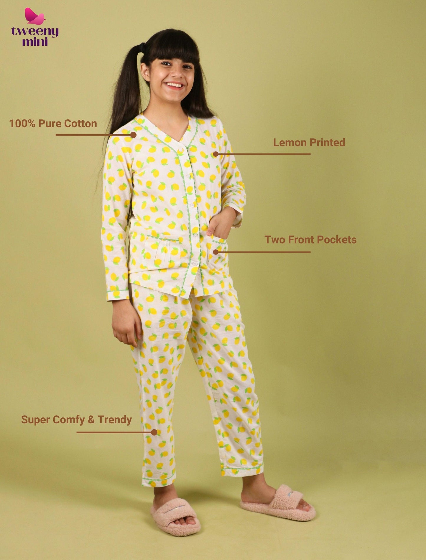 Lemon Printed Pure Cotton Girls Nightsuit (Lemon Yellow) - Tweeny Mini
