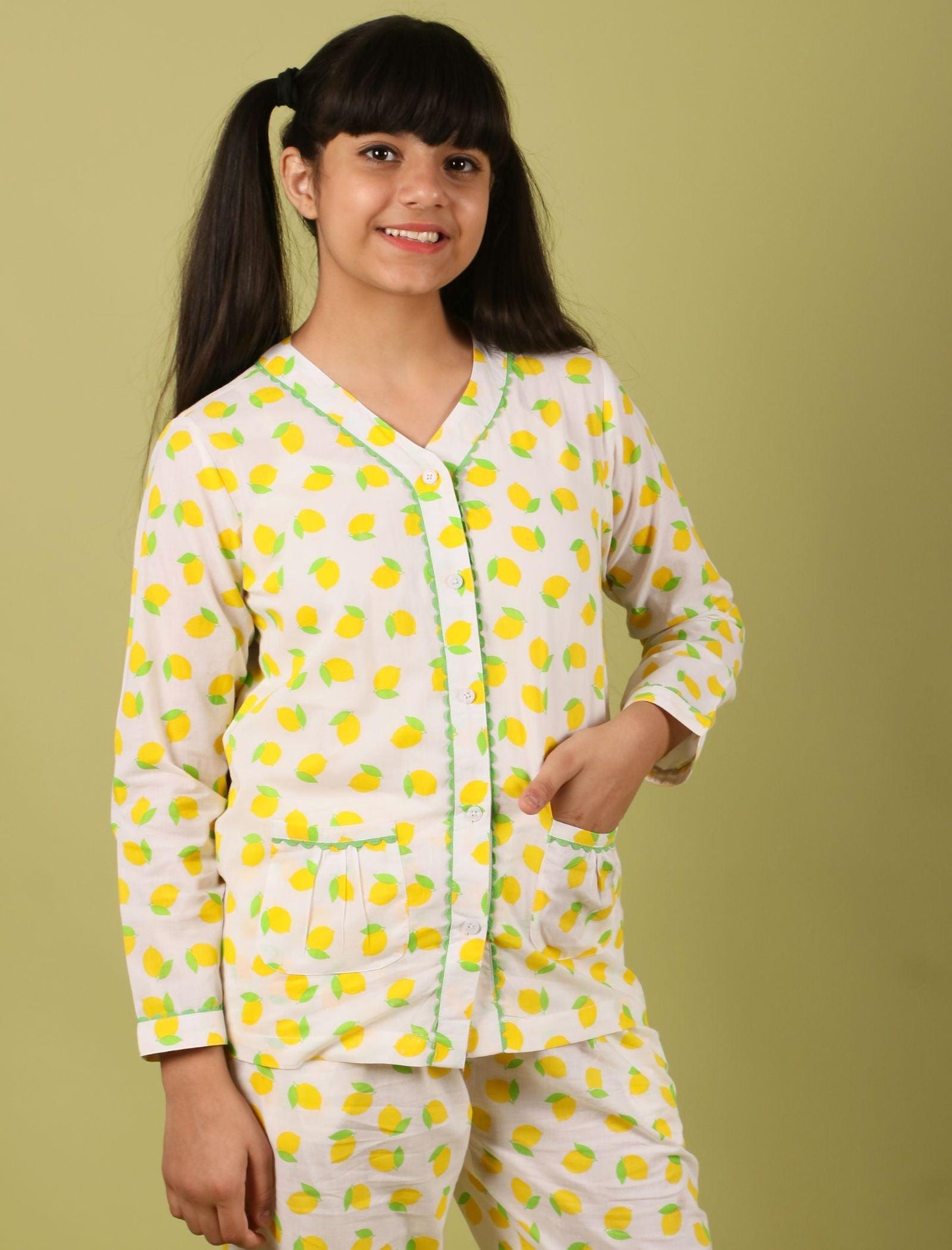 Lemon Printed Pure Cotton Girls Nightsuit (Lemon Yellow) - Tweeny Mini