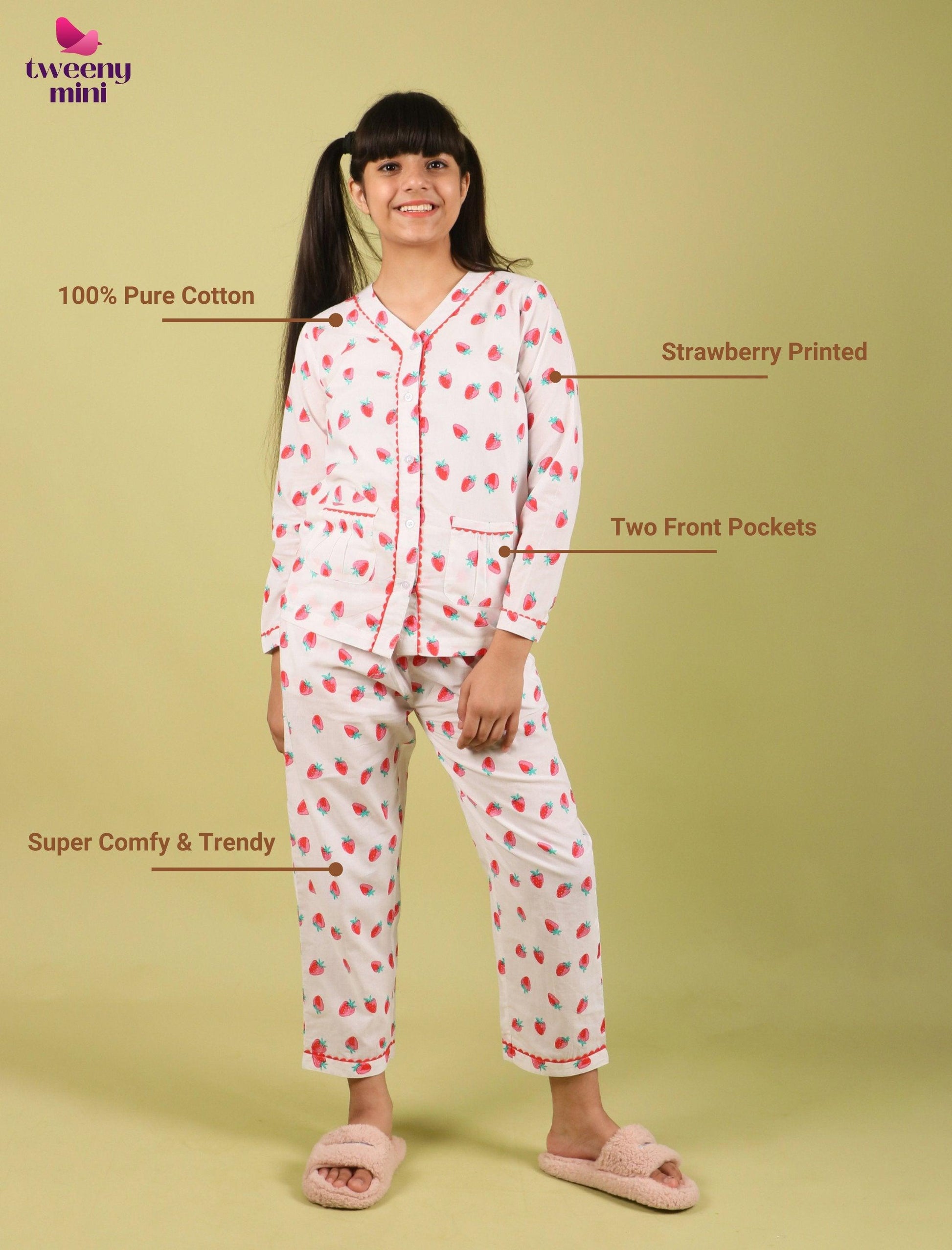 Strawberry Printed Pure Cotton Nightsuit for Girls (Red) - Tweeny Mini