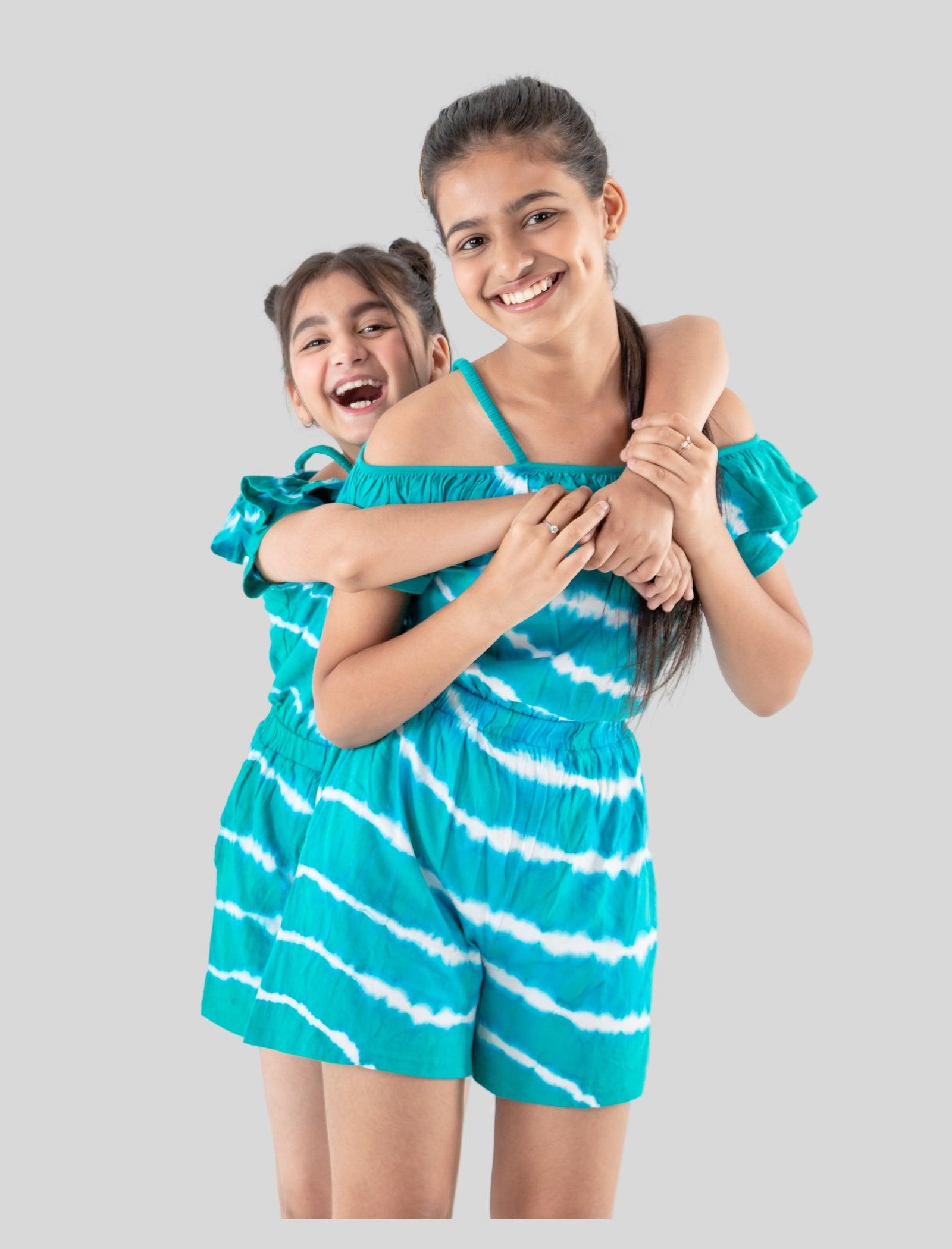 Pure Cotton Tie Dye Romper Dress For Girls (Green) - Tweeny Mini