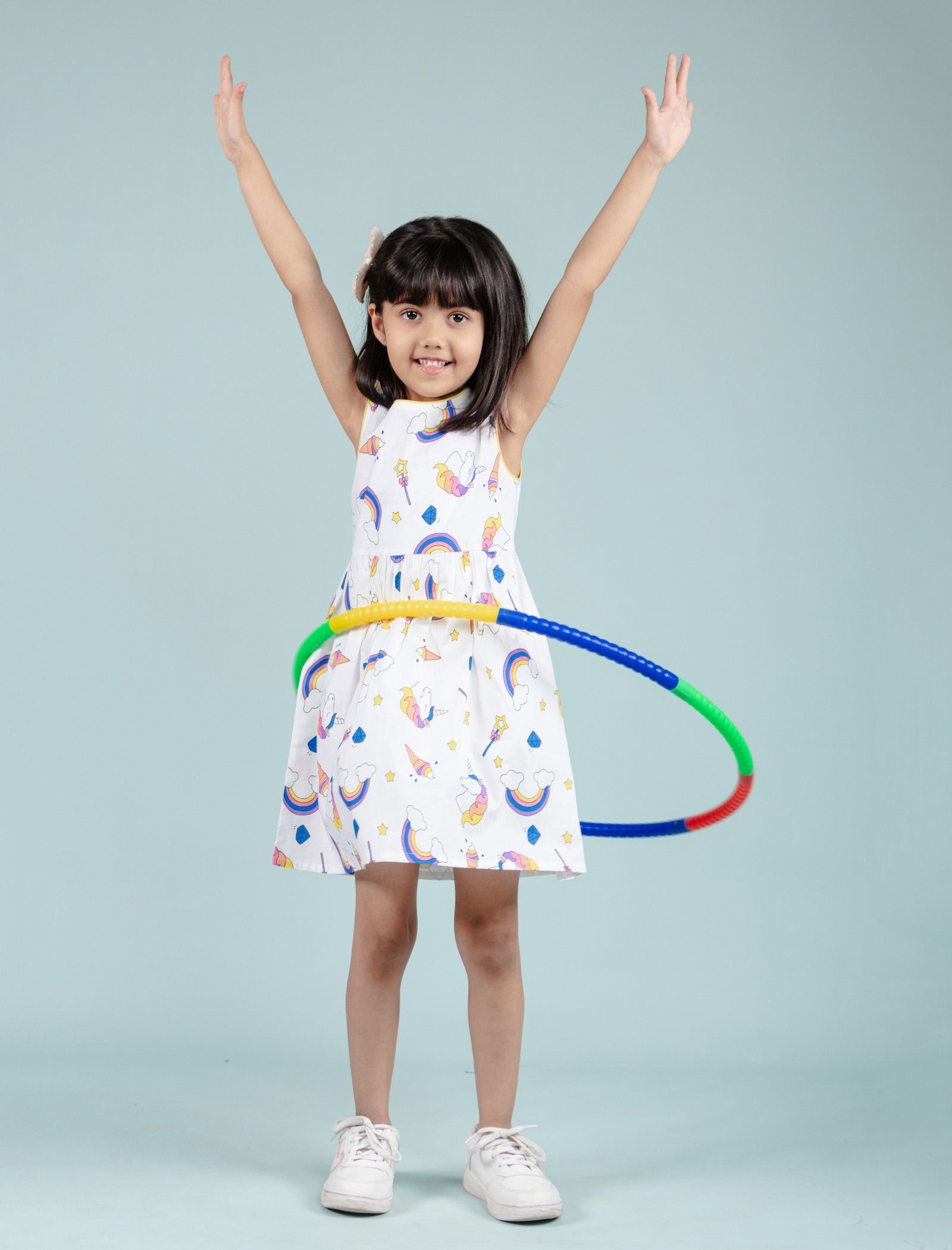 Rainbow & Unicorn Printed Frock for Girls kids (White) - Tweeny Mini