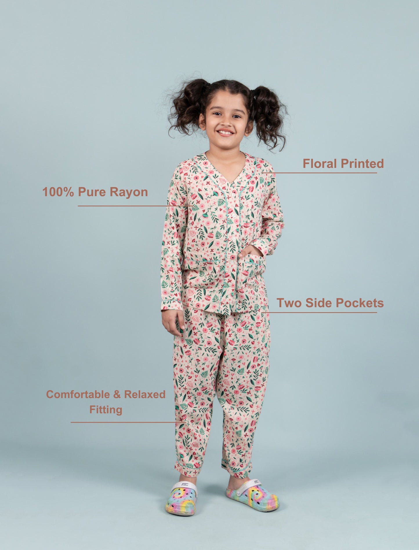 Pure Rayon Floral Night Suit for Girls Kids with Pyjama Set (Full Sleeves, Beige) - Tweeny Mini