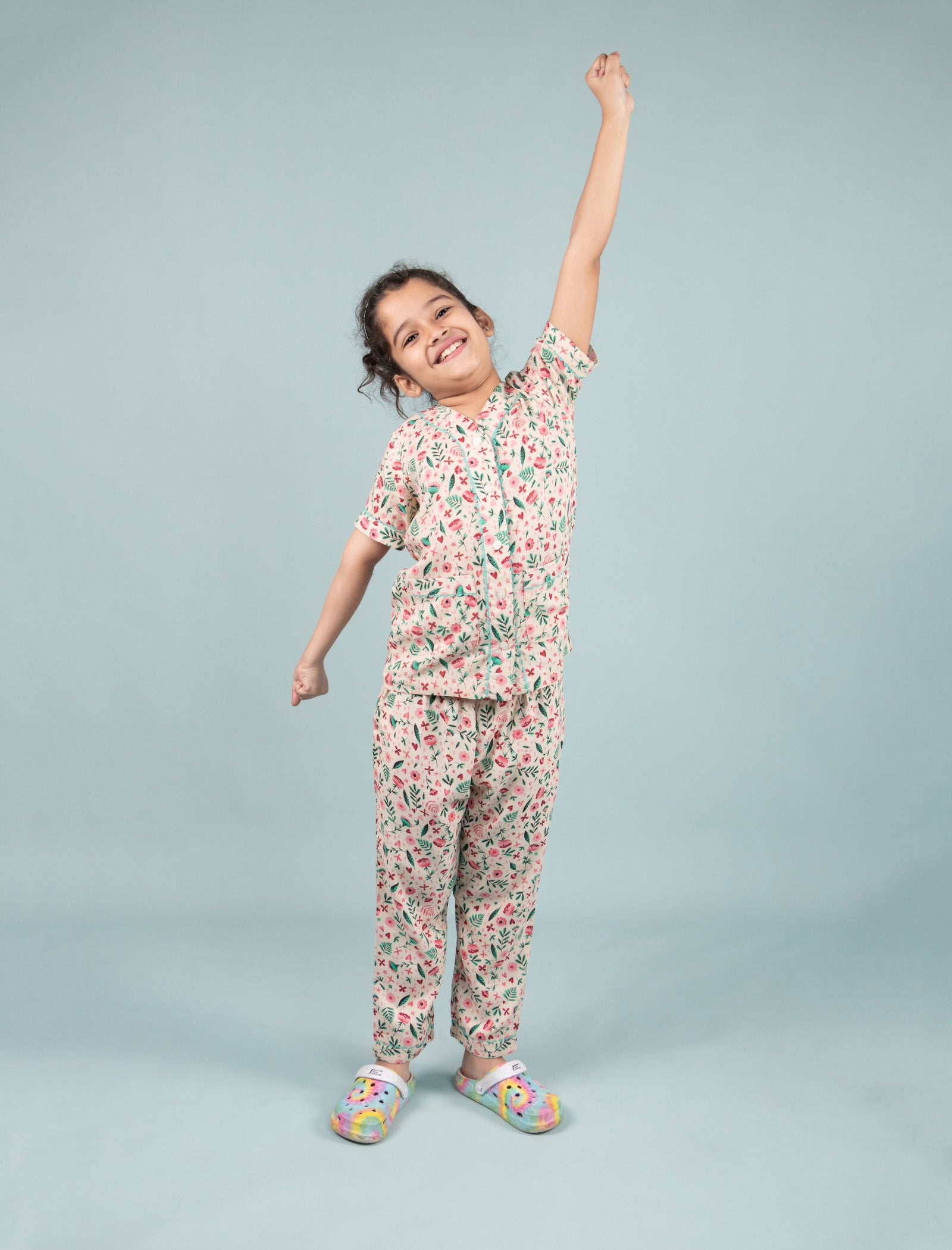 Pure Rayon Floral Printed Night Dress for Girls Kids with Pyjama Set (Half Sleeve, Beige) - Tweeny Mini