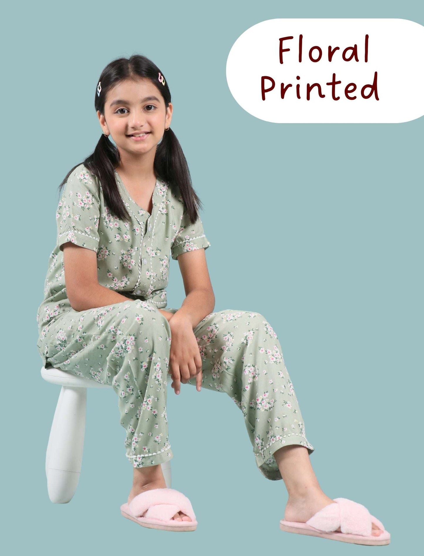 Pure Rayon Floral Night Dress for Girls Kids (Half Sleeve, Green) - Tweeny Mini