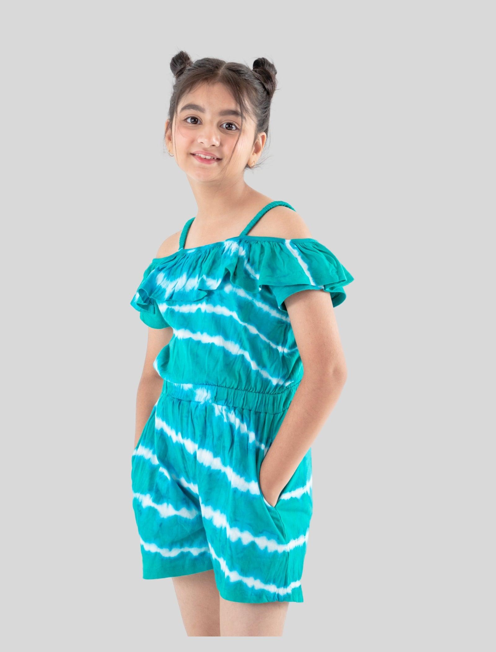 Pure Cotton Tie Dye Romper Dress For Girls (Green) - Tweeny Mini
