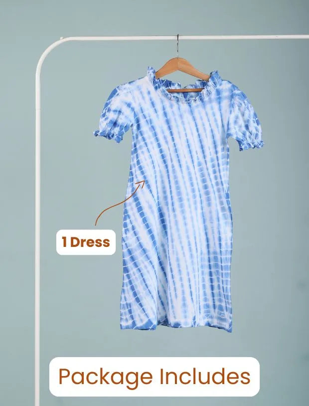 Shibori Style Kids Girls Tie Dye Dress with Puff Sleeves (Classic Blue)