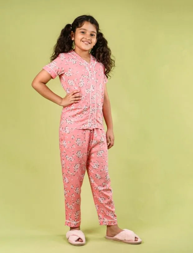 Summer Floral Girls Night Suit for Kids (Half Sleeve, Peach)