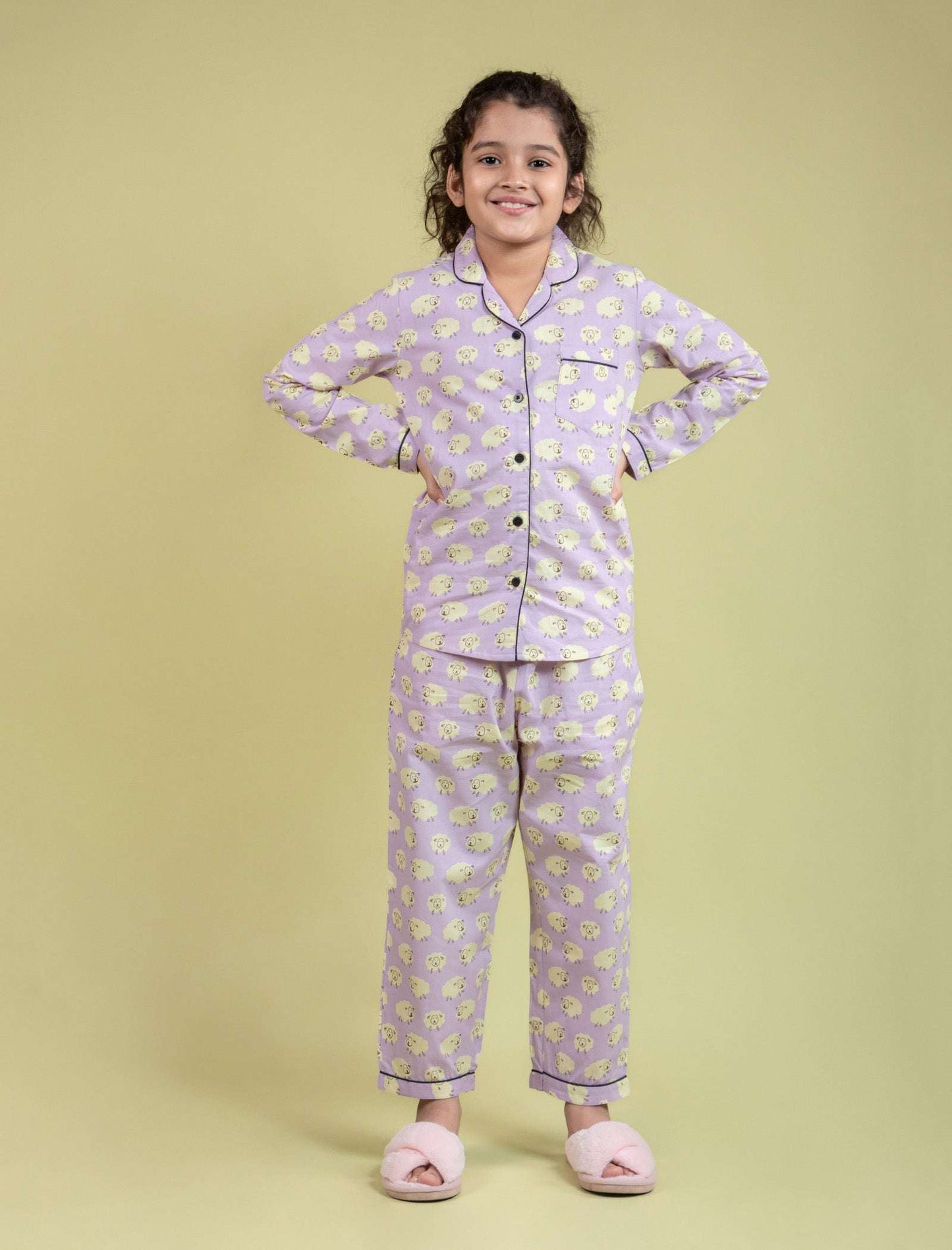 Little Sheep Printed Nightsuit for Girls Kids (Full Sleeves, Lavender) - Tweeny Mini