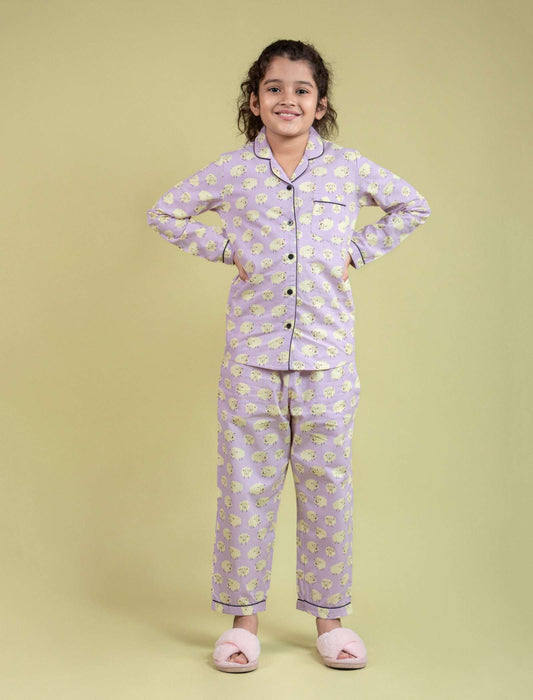 Little Sheep Printed Nightsuit for Girls Kids (Full Sleeves, Lavender) - Tweeny Mini