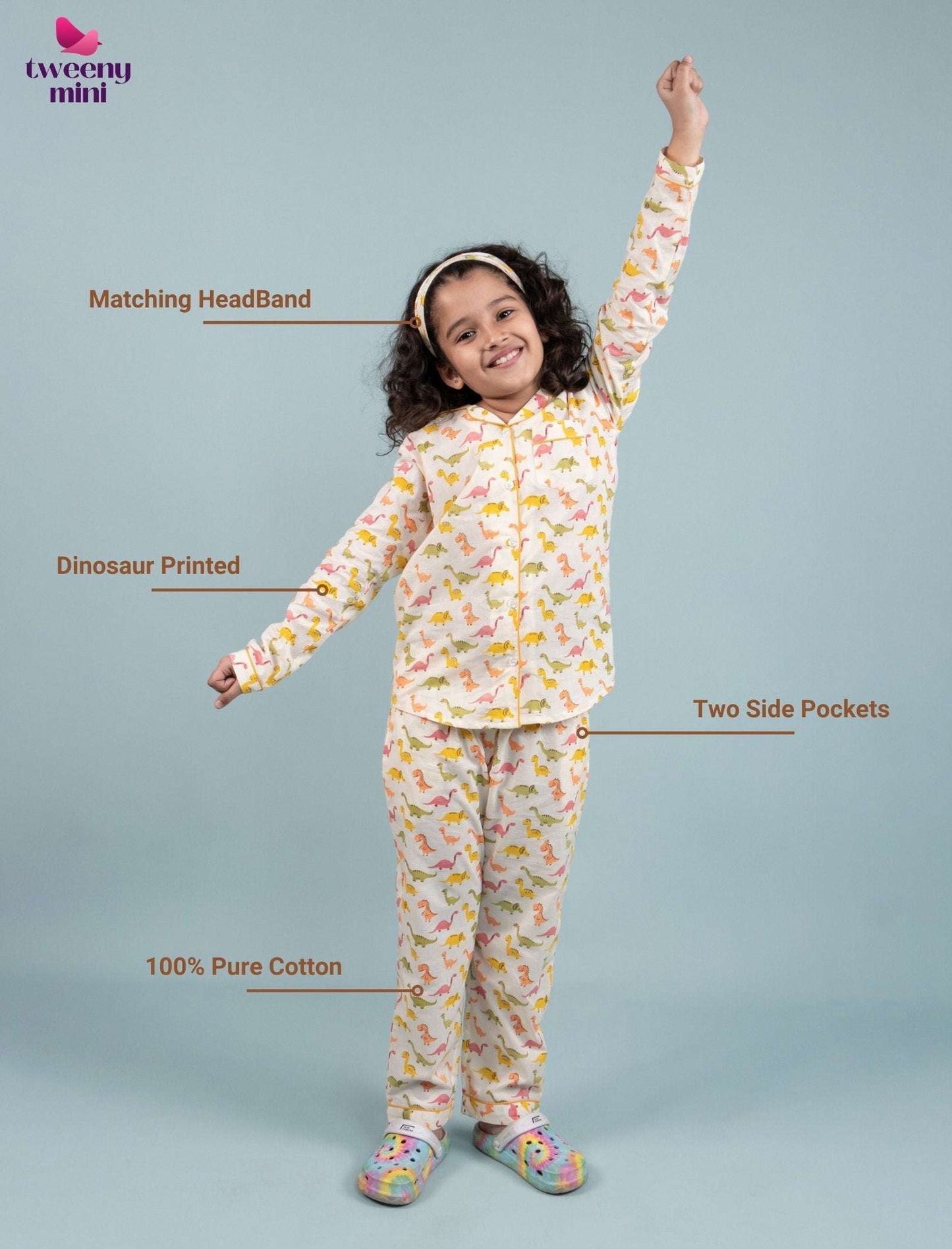 Dinosaur Printed Sleepwear for Girls Kids (Full Sleeves, Cream) - Tweeny Mini