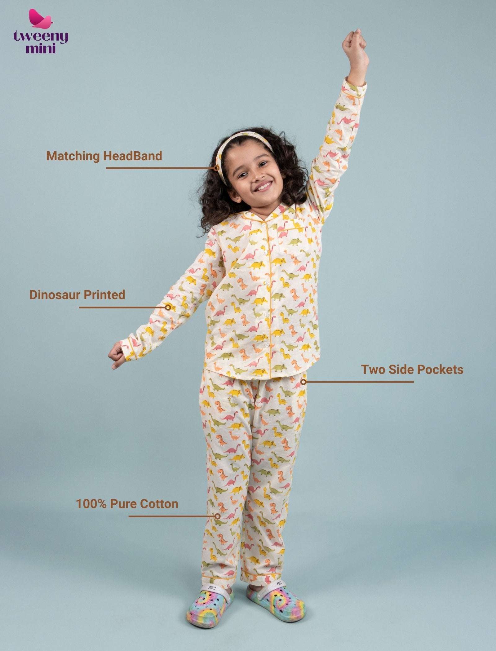 Dinosaur Printed Sleepwear for Girls Kids (Full Sleeves, Cream) - Tweeny Mini