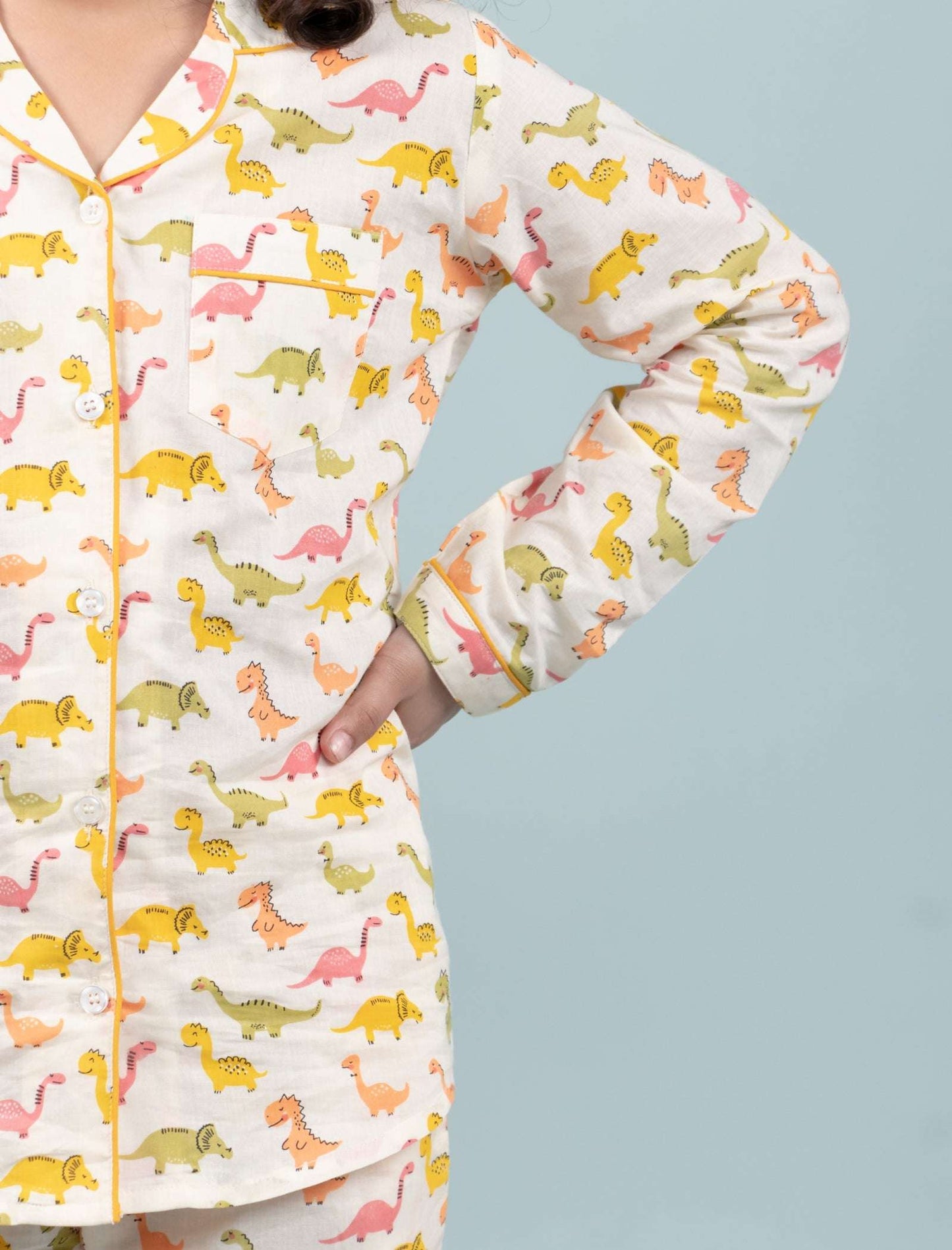 Dinosaur Printed Sleepwear for Girls Kids (Full Sleeves, Cream) - Tweeny Mini