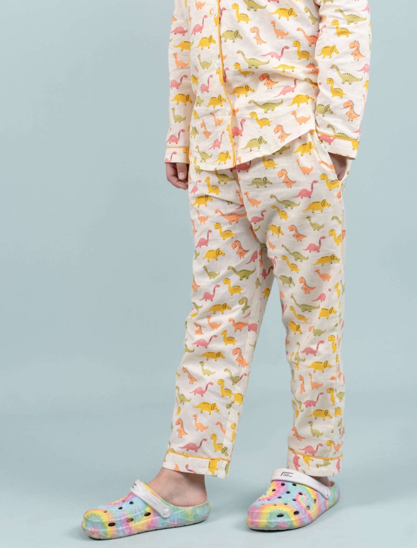 Dinosaur Printed Sleepwear for Girls Kids (Full Sleeves, Cream) - Tweeny Mini