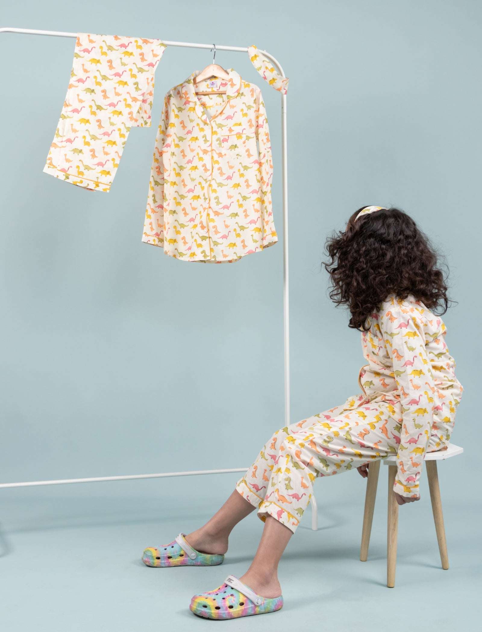 Dinosaur Printed Sleepwear for Girls Kids (Full Sleeves, Cream) - Tweeny Mini