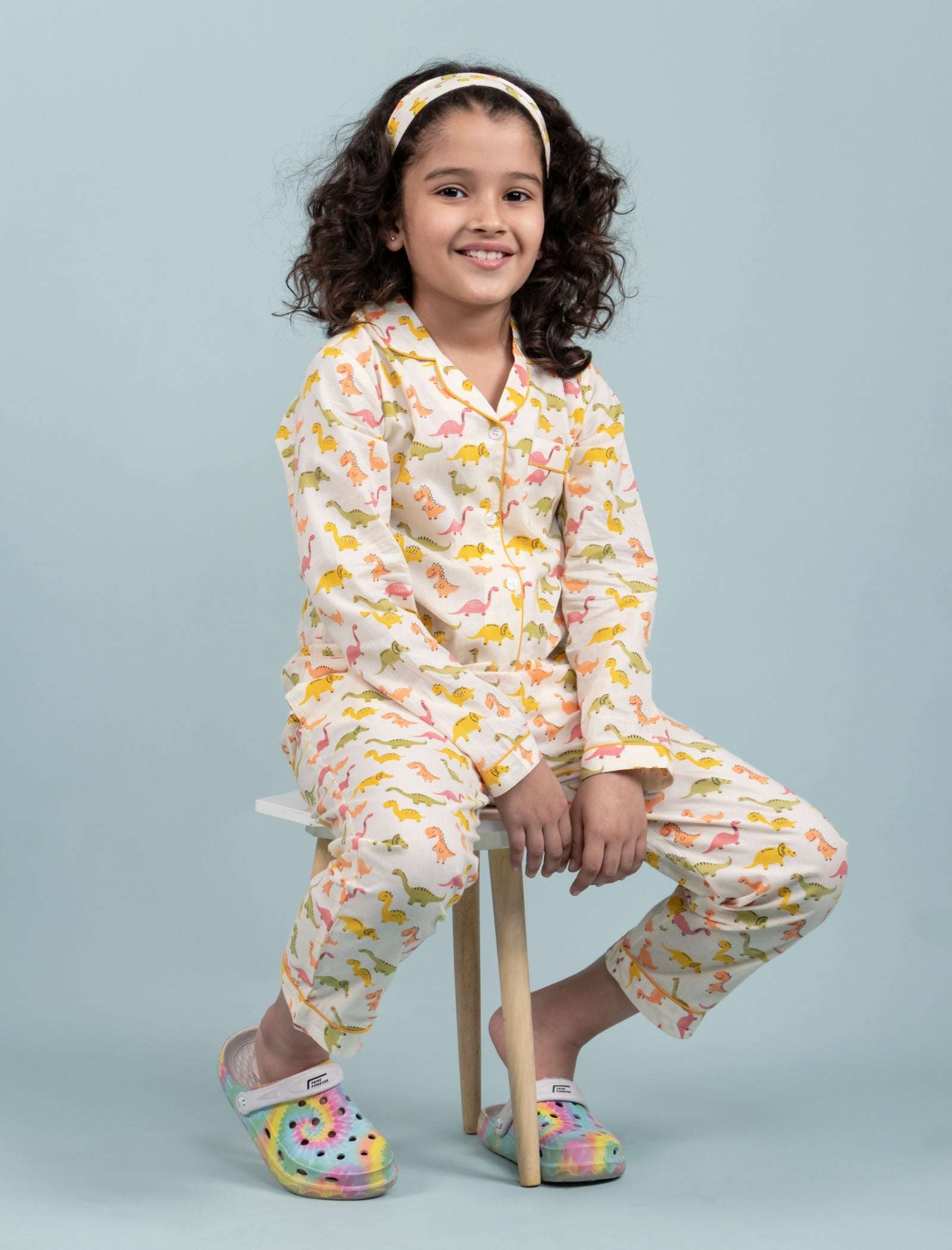 Dinosaur Printed Sleepwear for Girls Kids (Full Sleeves, Cream) - Tweeny Mini