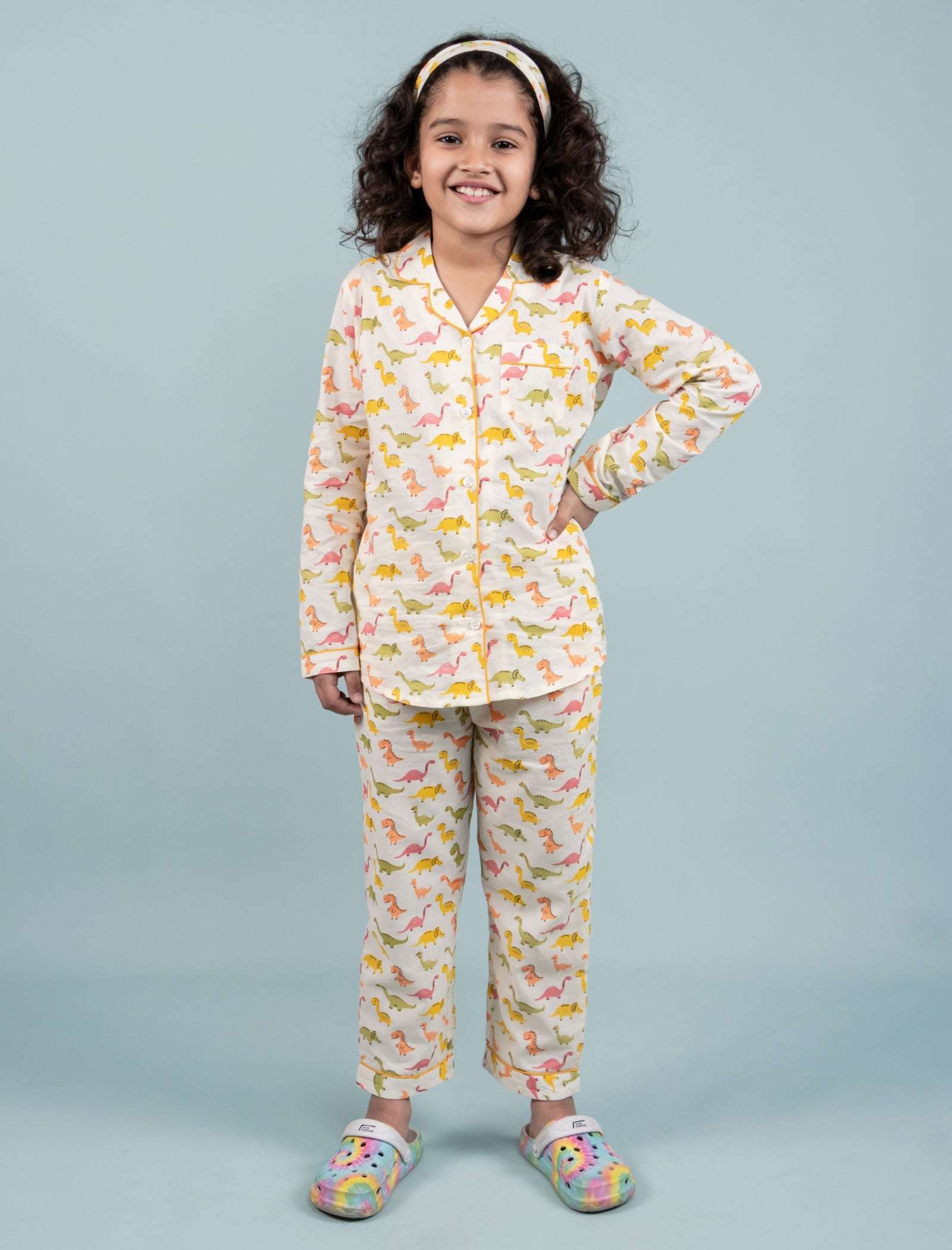 Dinosaur Printed Sleepwear for Girls Kids (Full Sleeves, Cream) - Tweeny Mini