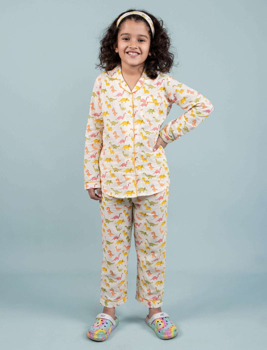 Dinosaur Printed Sleepwear for Girls Kids (Full Sleeves, Cream) - Tweeny Mini