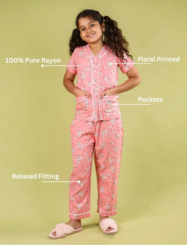 Summer Floral Girls Night Suit for Kids (Half Sleeve, Peach)