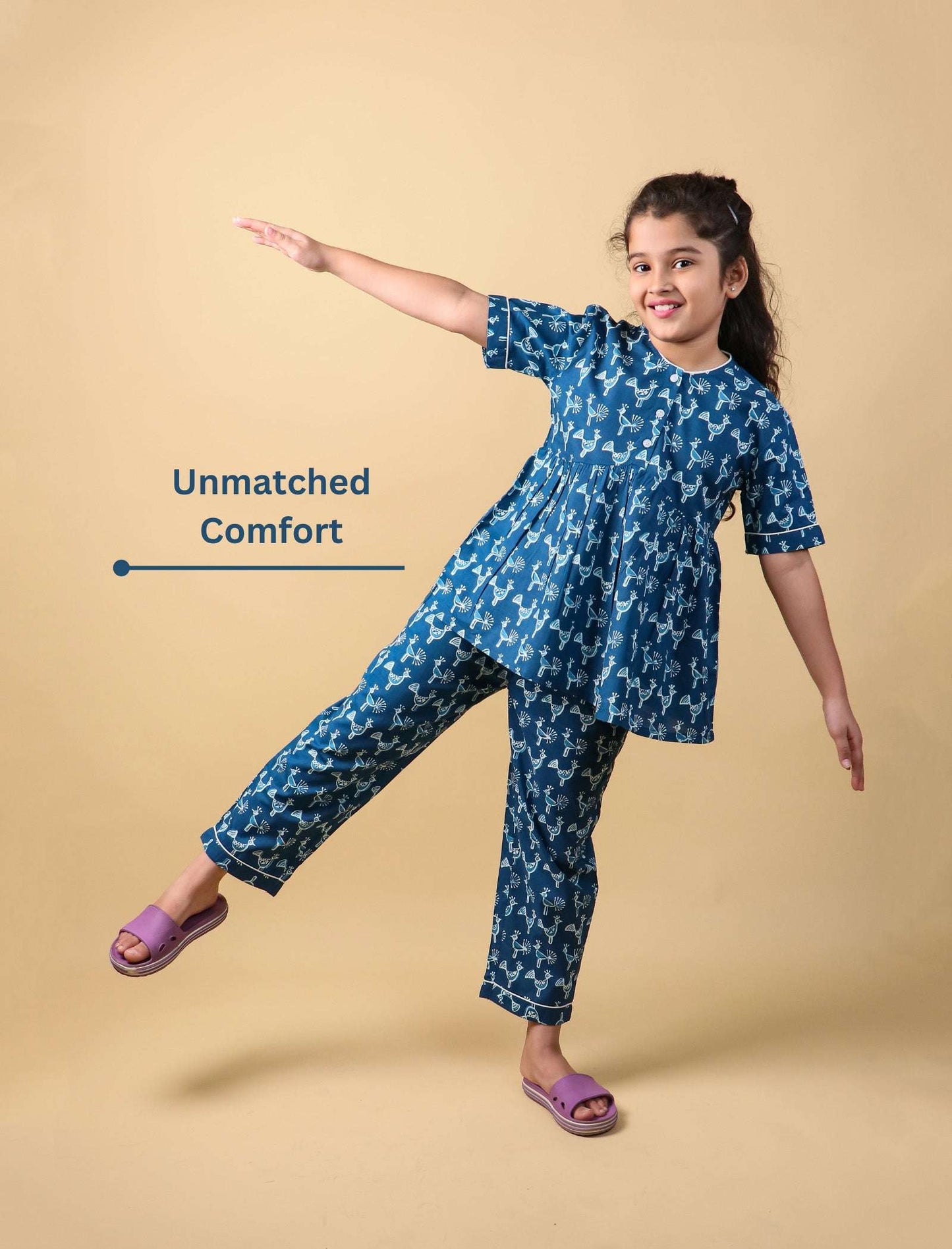 Peacock Print Night Suit for Kids Girls (Indigo Blue) - Tweeny Mini