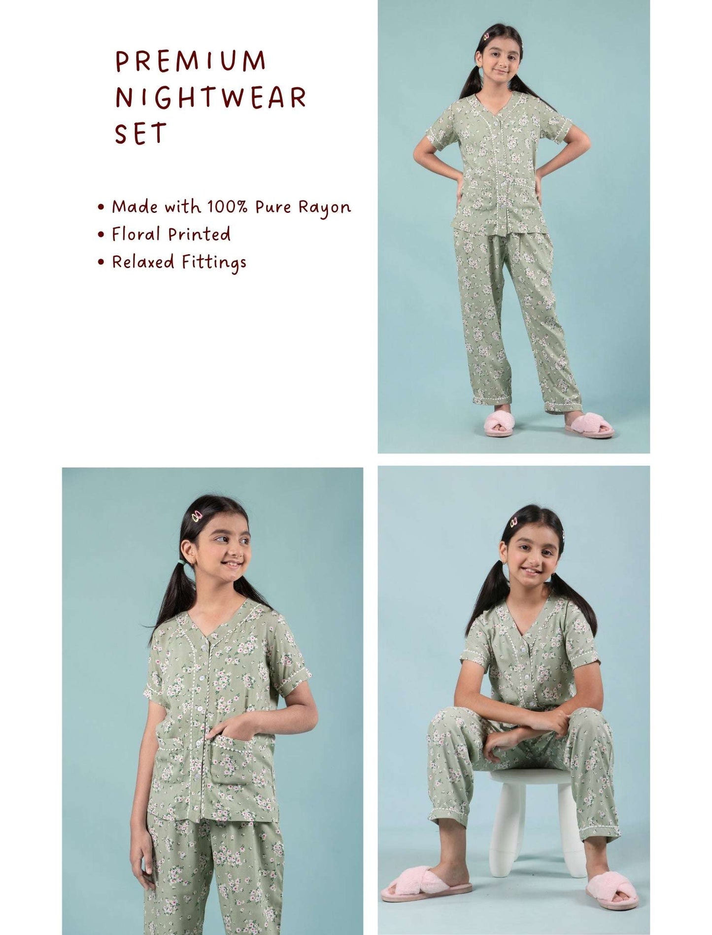 Pure Rayon Floral Night Dress for Girls Kids (Half Sleeve, Green) - Tweeny Mini