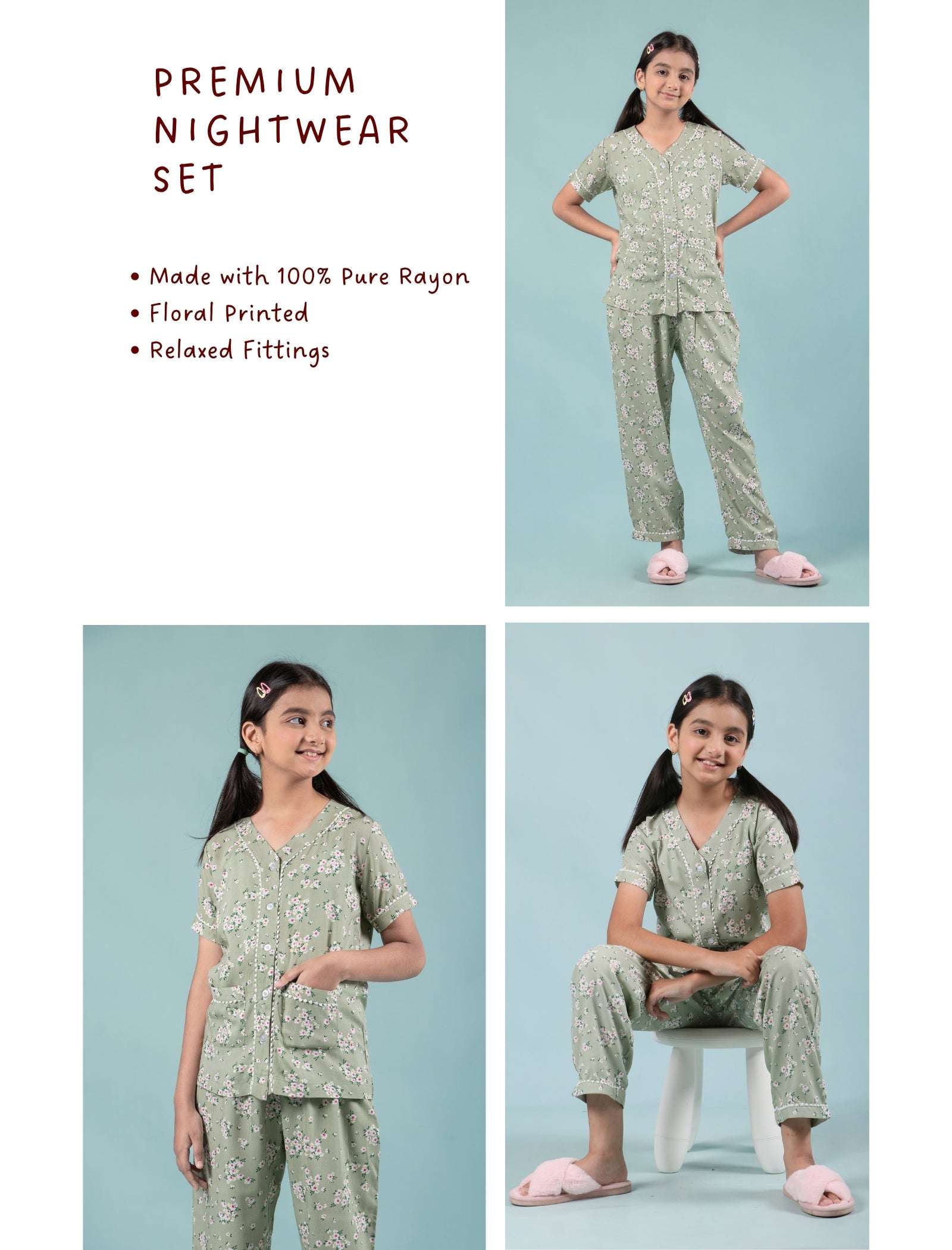 Pure Rayon Floral Night Dress for Girls Kids (Half Sleeve, Green) - Tweeny Mini