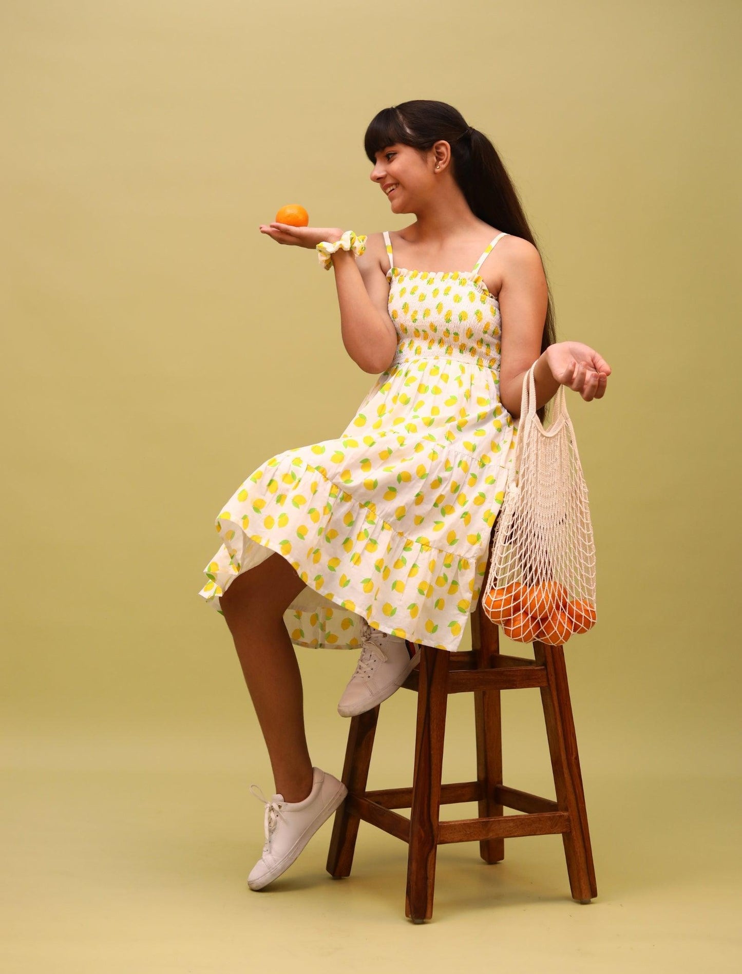 Premium Cotton Lemon Printed Summer Dress Kids Girls with Scrunchies (Yellow) - Tweeny Mini