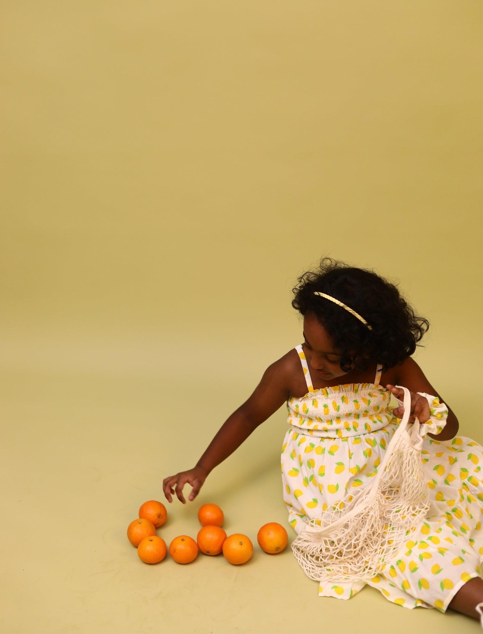 Premium Cotton Lemon Printed Summer Dress Kids Girls with Scrunchies (Yellow) - Tweeny Mini