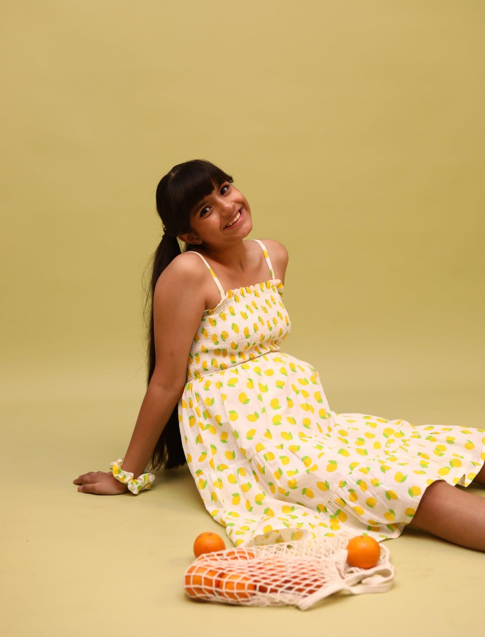 Premium Cotton Lemon Printed Summer Dress Kids Girls with Scrunchies (Yellow) - Tweeny Mini