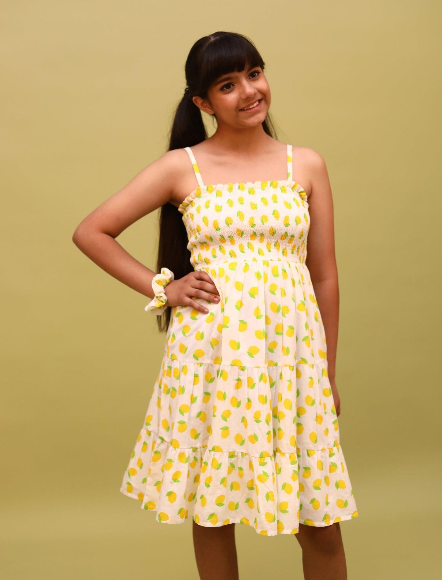 Premium Cotton Lemon Printed Summer Dress Kids Girls with Scrunchies (Yellow) - Tweeny Mini